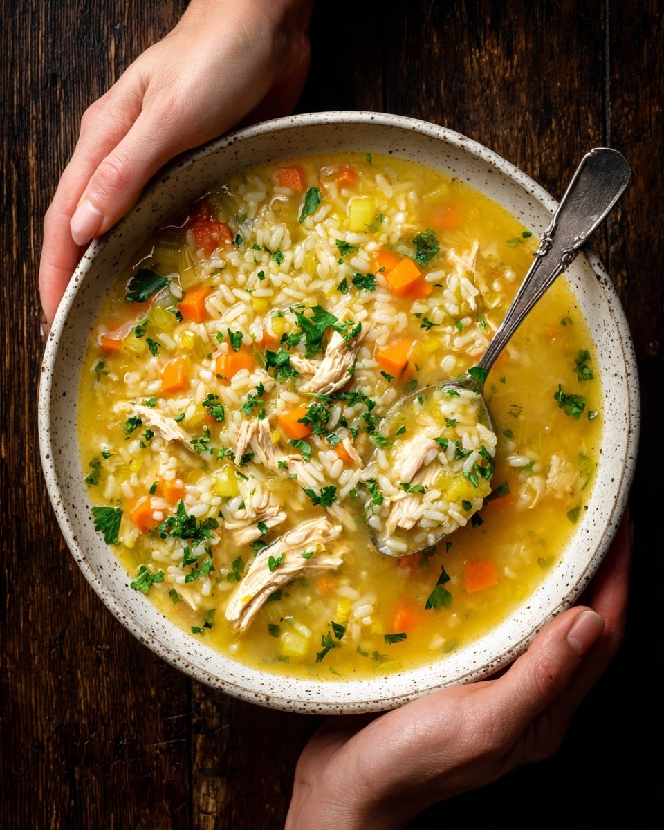 A large white speckled bowl holds a chicken and rice soup with a bright yellow broth. The soup contains soft pieces of light brown chicken, short white rice grains, diced orange carrots, chopped green celery, and fresh green herbs scattered on top. A silver spoon rests in the bowl, scooping a mix of rice, chicken, carrot, and celery. The bowl is held by two hands against a dark wooden surface, but the focus is on the colorful and textured soup. Photo taken with an iphone --ar 4:5 --v 7