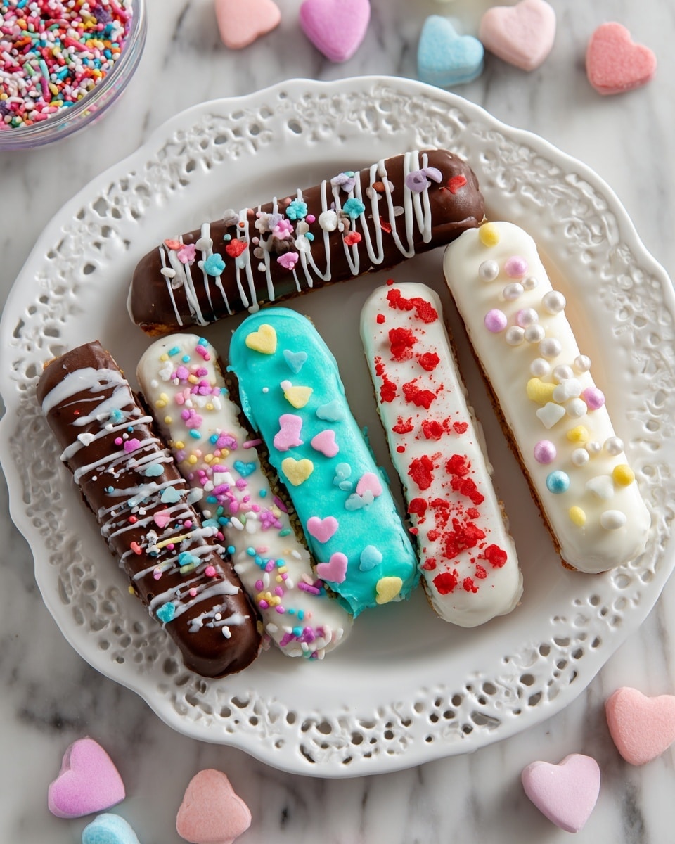 The image shows a white lacy plate on a white marbled surface holding five wafer sticks, each dipped halfway in colorful frosting with sprinkles on top. One wafer has dark brown chocolate with white drizzle and small blue, pink, and white sprinkles. Another has white frosting with light pink and white round sprinkles, small heart shapes, and yellow dots. A third wafer has dark brown frosting covered with different pink, white, and yellow sprinkles. There is a wafer with bright turquoise frosting covered with red heart sprinkles, white pearls, and small sprinkles in various colors. The last wafer has plain white frosting with white and pink sprinkles. Around the plate, small pastel candy hearts are scattered. Photo taken with an iphone --ar 4:5 --v 7