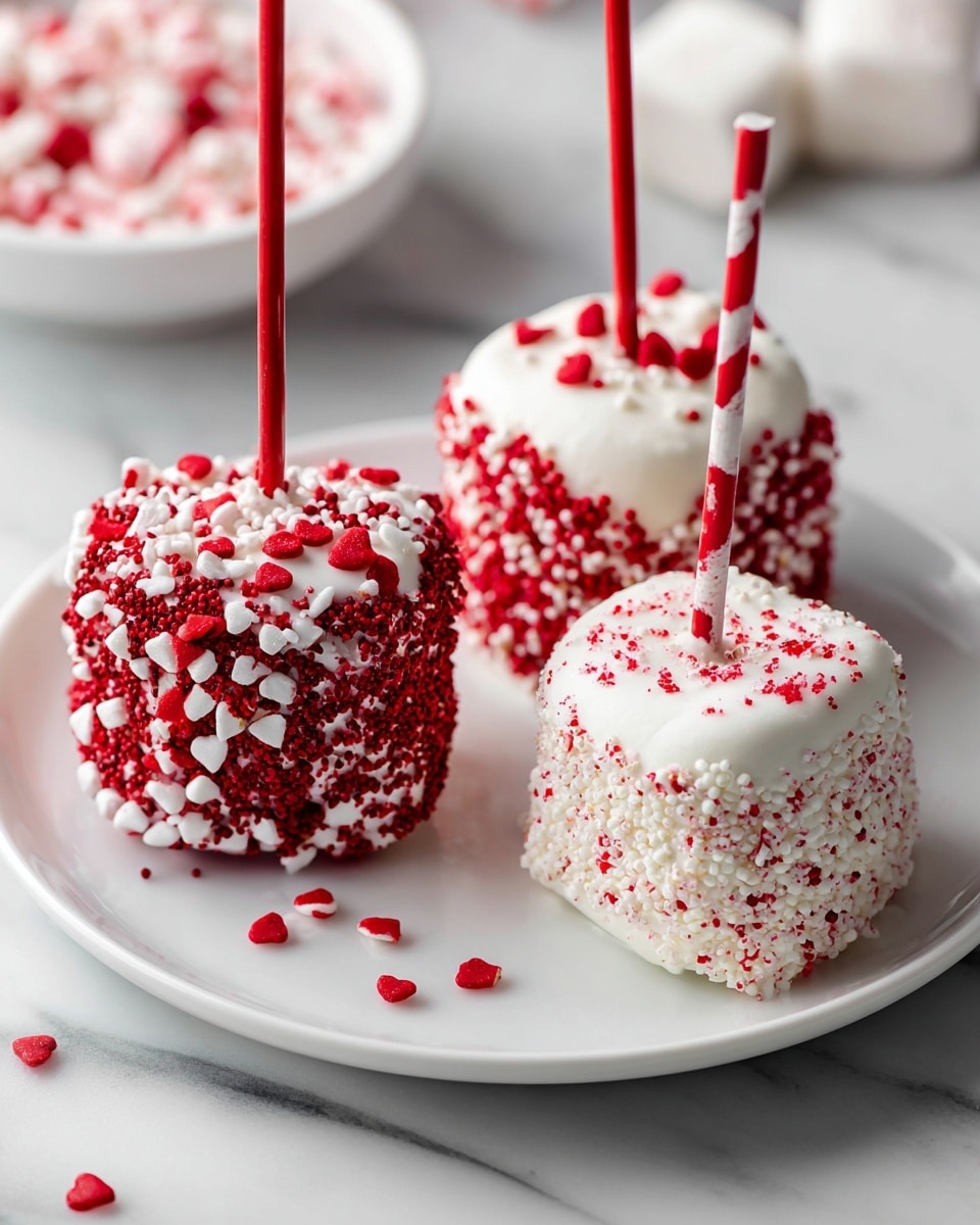 Three white marshmallows on red sticks lie on a white plate against a white marbled background. Each marshmallow is covered in white frosting and decorated with red and white small candy pieces. The marshmallow on the left is fully covered with scattered red and white sprinkles. The middle one is mainly coated with red candy bits giving it a rough texture. The right marshmallow is coated mostly in tiny white candy bits with some red specks sprinkled on top. A white plate filled with more candy sprinkles sits blurred in the background. Photo taken with an iphone --ar 4:5 --v 7