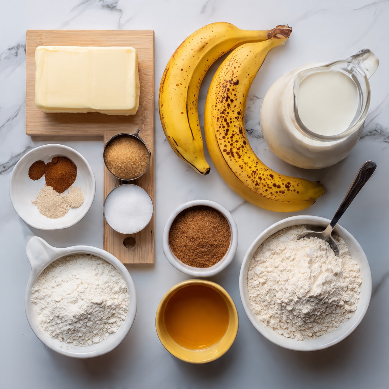 The image shows various baking ingredients arranged on a white marbled surface. At the top right, there is a light wooden board holding a glass jug of white liquid and two ripe bananas, one fully peeled halfway with soft yellow skin and brown spots, the other fully unpeeled. To the center left, there is a small white bowl with a mix of spices and leavening agents in small piles: white powder, light brown powder, and a dark brown spice. Below it, a small white bowl contains light brown brown sugar. To the right, a white measuring cup overflows with packed brown sugar, and next to it are two metal measuring cups filled with white and light brown flour. On the bottom left, a white butter dish holds a stick of pale yellow butter. Above the peeled banana, a small yellow bowl holds a deep amber liquid. The setup is neat and bright, with all items clearly visible. Photo taken with an iphone --ar 4:5 --v 7