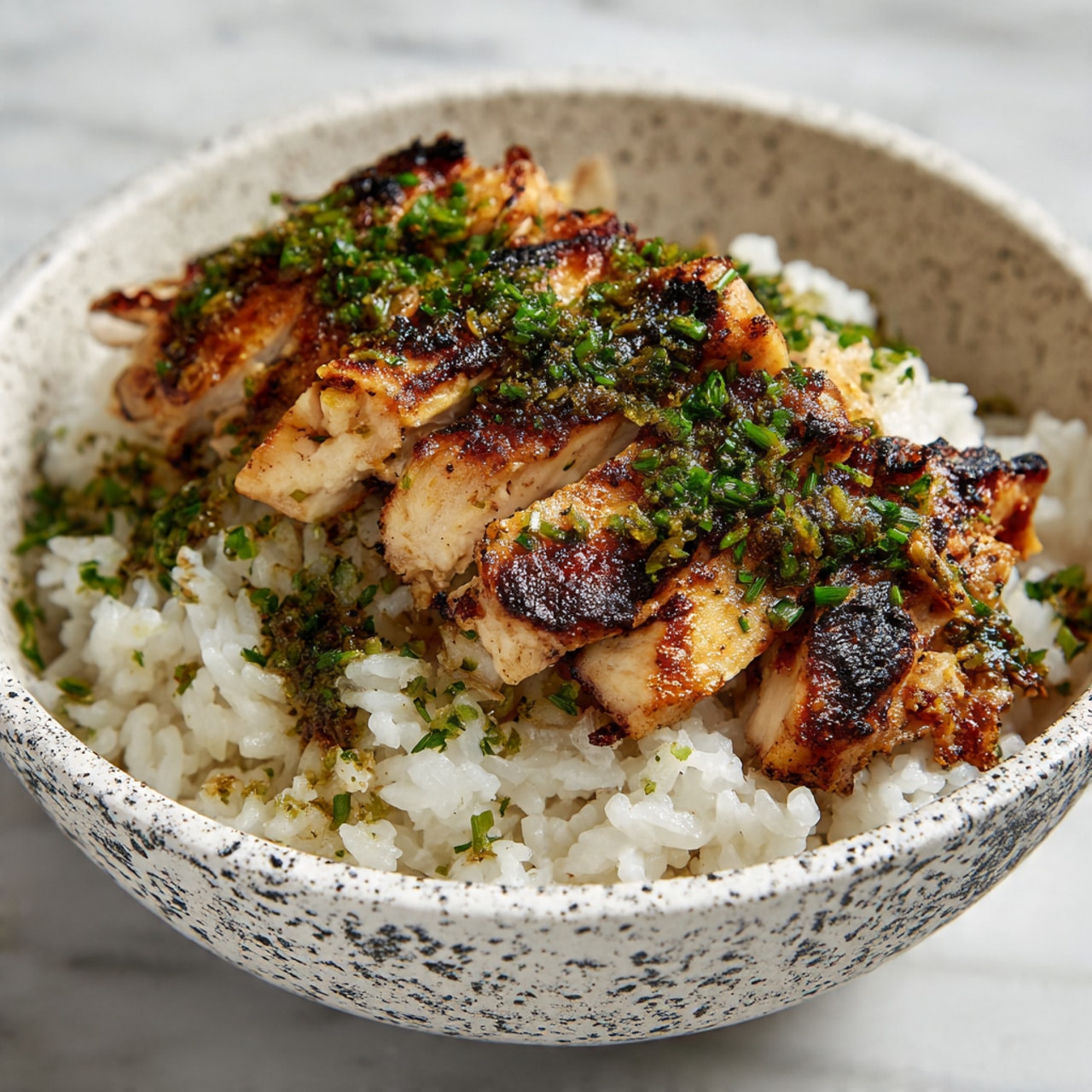A white bowl with black speckles holds a dish with two layers. The bottom layer is white cooked rice with a soft, grainy texture. On top, there are pieces of golden-brown cooked chicken, slightly shiny and grilled, scattered evenly. Bright green chopped herbs are sprinkled over the chicken, adding fresh color contrast. The background shows a white marbled surface. Photo taken with an iphone --ar 4:5 --v 7