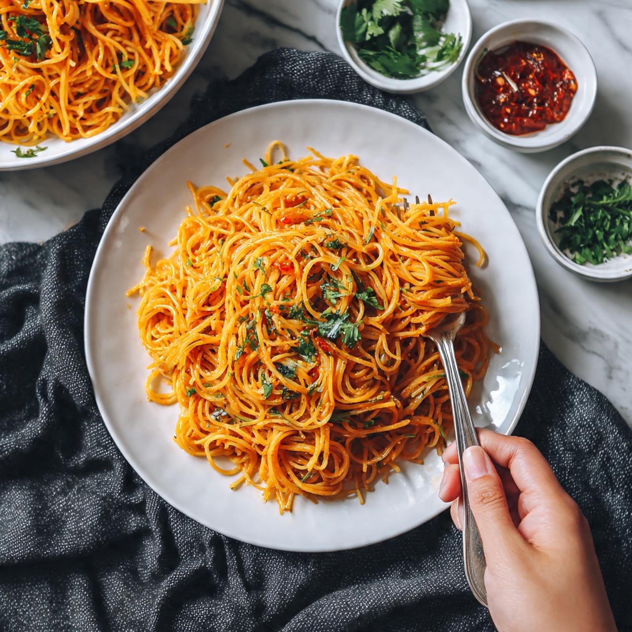 The image shows a white plate filled with a pile of bright orange noodles mixed with bits of green herbs on top. The noodles have a slightly shiny, soft texture and are arranged loosely, with some strands overlapping. A silver fork is placed on the right side of the plate, sticking into the noodles. The plate sits on a dark gray textured cloth, which rests on a white marbled surface. Behind the plate, there is a large white bowl also filled with the same orange noodles, and small white bowls with green herbs and red sauce are visible in the background. The scene is lit softly, making the colors pop. A woman's hand is gently holding the side of the plate. Photo taken with an iphone --ar 4:5 --v 7