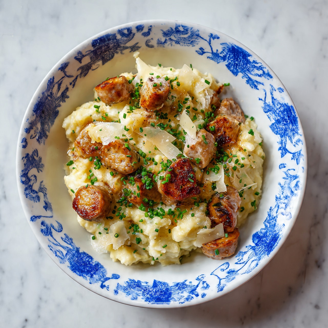 The dish is presented in a white bowl with blue patterns on the inside edge, placed on a white marbled surface. It has at least three main layers. The base appears to be soft mashed potatoes, creamy and pale yellow, with a smooth and slightly lumpy texture. On top, there are browned pieces of cooked sausage that are golden brown and have a crispy texture. Scattered throughout are small chunks of what looks like melted cheese, creamy and slightly stringy, in a pale off-white color. Fresh chopped green herbs, possibly chives, are sprinkled over the dish, adding bright green color and a fresh look. The overall meal looks warm, hearty, and textured with a mix of soft, crispy, and creamy elements. photo taken with an iphone --ar 4:5 --v 7