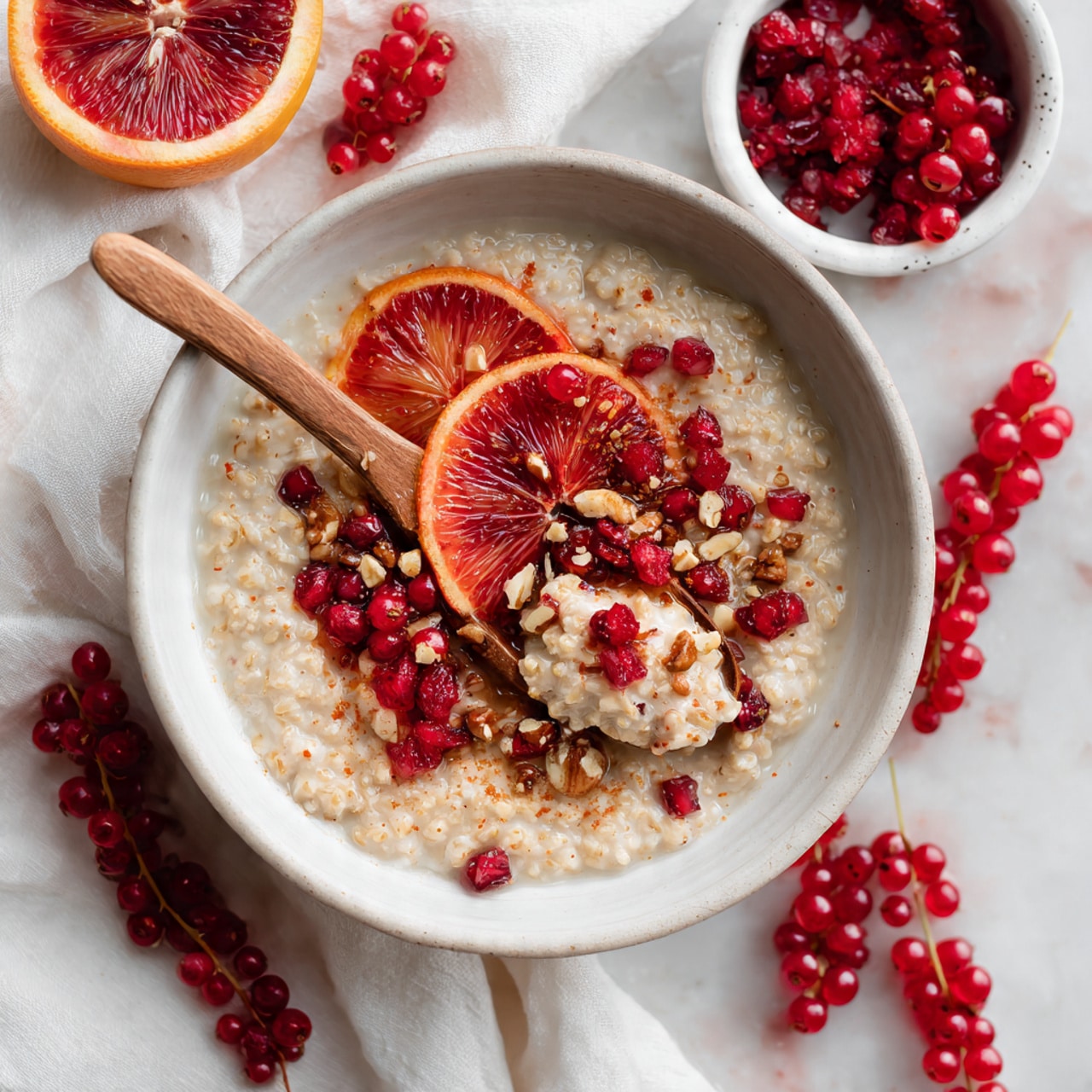 A white bowl on a white cloth holds creamy oatmeal with visible small grains, topped with bright red blood orange slices, deep red currants, and a sprinkle of chopped nuts and seeds. A wooden spoon inside the bowl lifts a mixed spoonful of the oatmeal and fruit. Around the bowl, loose red currant clusters scatter across a white marbled surface, with a piece of blood orange at the top left and a small white bowl filled with red currants on the right. The image shows a soft, natural light and a casual, fresh setup. photo taken with an iphone --ar 4:5 --v 7