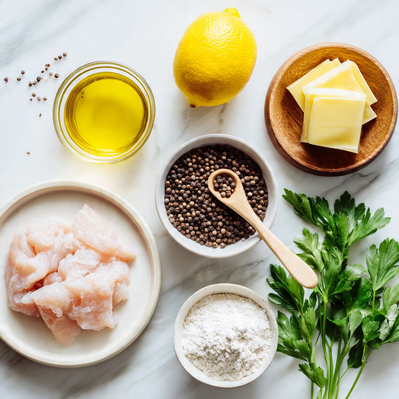 The image shows a clean white marbled surface with several cooking ingredients neatly arranged. At the bottom left, there is a white plate containing a single layer of raw chicken strips, light pink and smooth in texture. Above it, to the right, is a small white bowl with two yellow butter slabs stacked inside. Next to it, on the top right, is a round wooden container filled with dark brown peppercorns, being held by a woman's hand with a small wooden spoon inside. To the left of this container is a bright yellow lemon. Beside the pepper, a clear glass jar holds golden olive oil. Below the oil jar, a small white bowl contains white flour, and next to it, fresh green parsley leaves rest directly on the surface. The entire scene is lit softly, showing clear details and natural colors, photo taken with an iphone --ar 4:5 --v 7