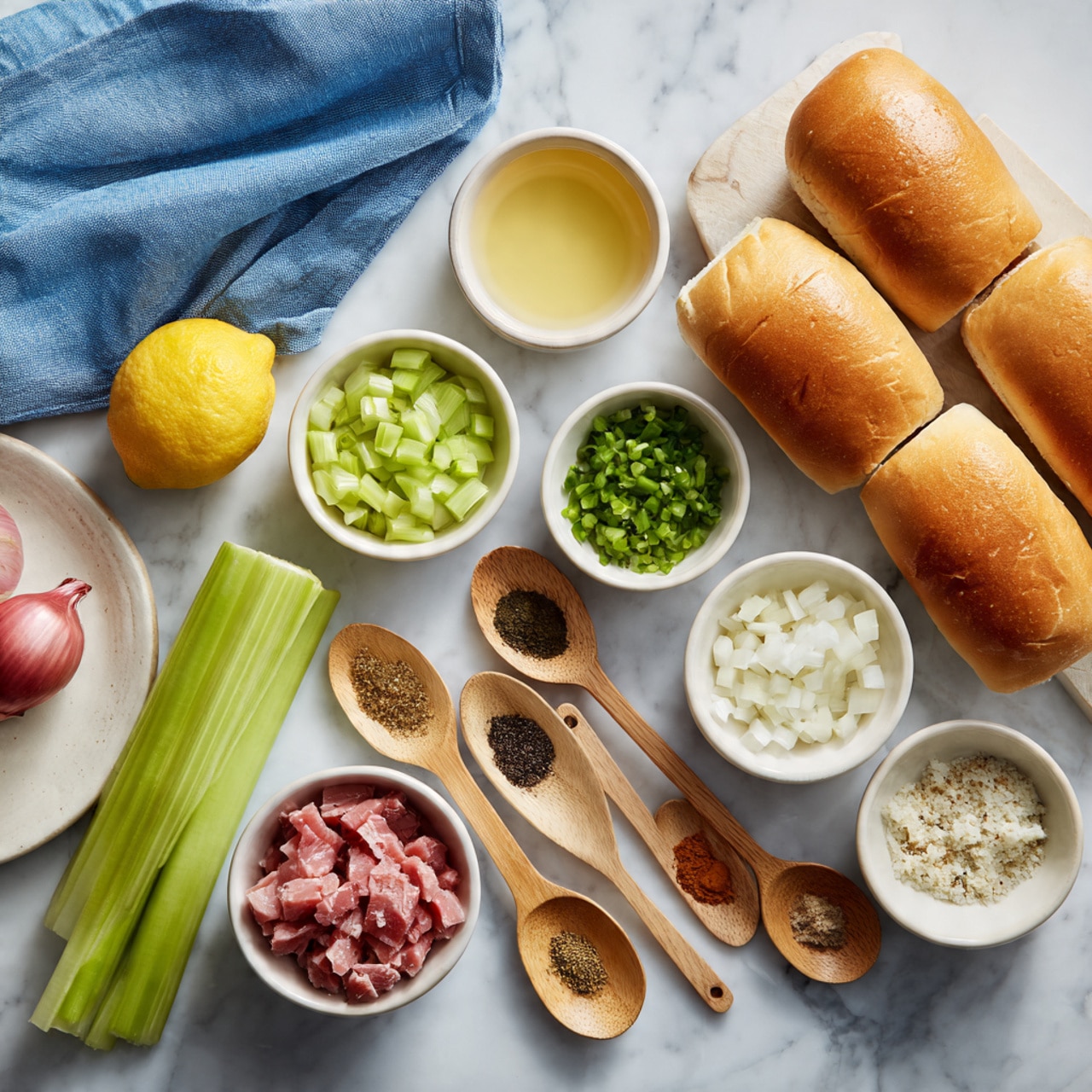 The image shows a white marbled surface with several small white bowls and wooden spoons arranged neatly. There are three golden brown hot dog buns on the right side, five small white bowls holding green chopped celery, a light yellow liquid, small white cubes, chopped garlic, and chopped shallots. There is one red onion and a white bowl with red pieces of meat in the center bottom. Three wooden spoons with different spices—black, brown, and green—are placed horizontally near the middle, next to celery stalks and a halved lemon on the left. A blue cloth is partially visible at the top left corner. The scene is bright with natural light, showing fresh ingredients cleanly organized. photo taken with an iphone --ar 4:5 --v 7