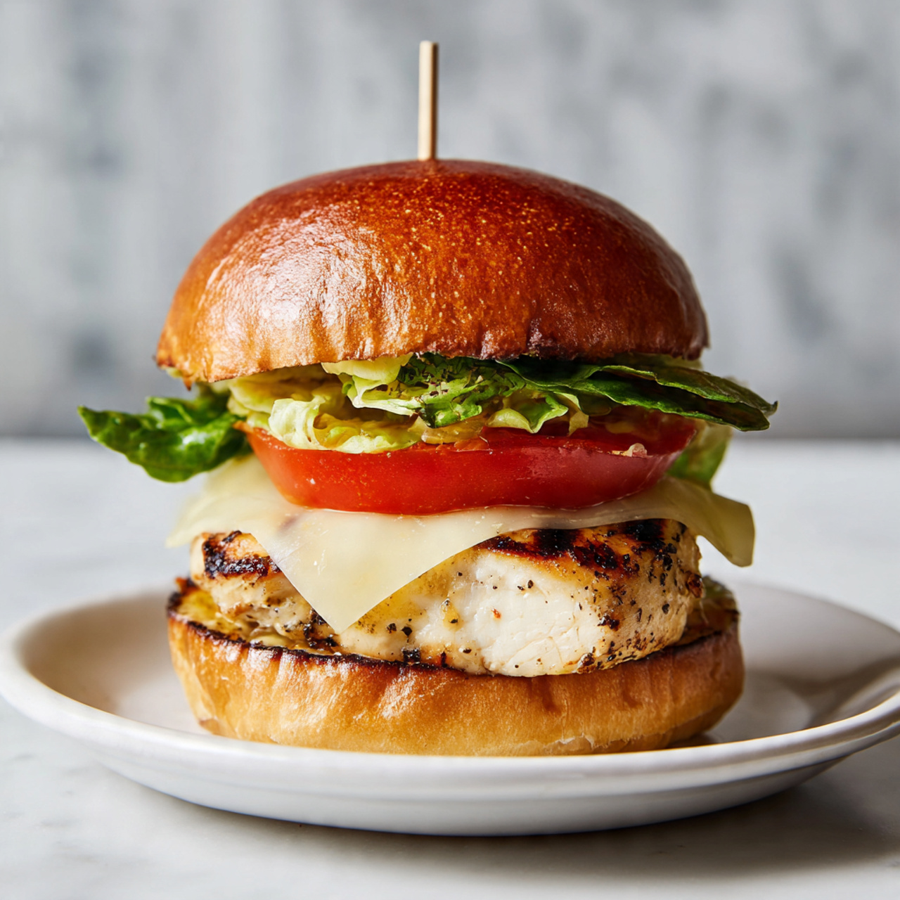A tall burger with a shiny, soft golden brown bun on top, held together with a small wooden skewer. Inside, from bottom to top, there is a grilled chicken piece with light grill marks, a slice of pale yellow melted cheese, a few green lettuce leaves, and a thick red tomato slice. The burger is placed on a white plate, and the background is a white marbled surface. photo taken with an iphone --ar 4:5 --v 7