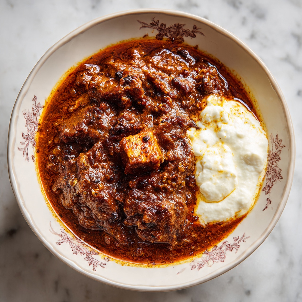 A close-up of a bowl filled with a thick, chunky brown stew that has a textured surface with pieces clumped together, showing darker browned spots that add depth. The bowl itself is white with a subtle floral pattern etched around the outside. Sitting on the edge of the bowl is a dollop of pale, creamy white side, contrasting with the rich brown colors of the stew. The bowl is placed on a white marbled surface. Photo taken with an iphone --ar 4:5 --v 7