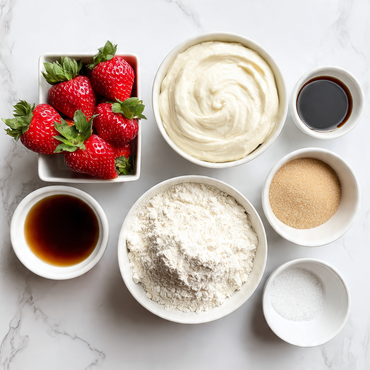 The image shows six bowls and a small container arranged neatly on a white marbled surface. At the bottom right, there is a large white bowl filled with white flour. To its left, a rectangular white container holds several bright red strawberries with green leaves. Above the flour bowl, a medium-sized white bowl contains smooth, thick white cream. To the right of the cream bowl, a smaller white bowl is filled with light brown sugar, showing a grainy texture. Above the sugar bowl, a small white container holds a dark brown liquid, likely vanilla extract. To the right of the dark liquid, a tiny white bowl contains a small amount of salt. The colors are mainly white, red, and light brown, and the arrangement is clean and organized. Photo taken with an iphone --ar 4:5 --v 7