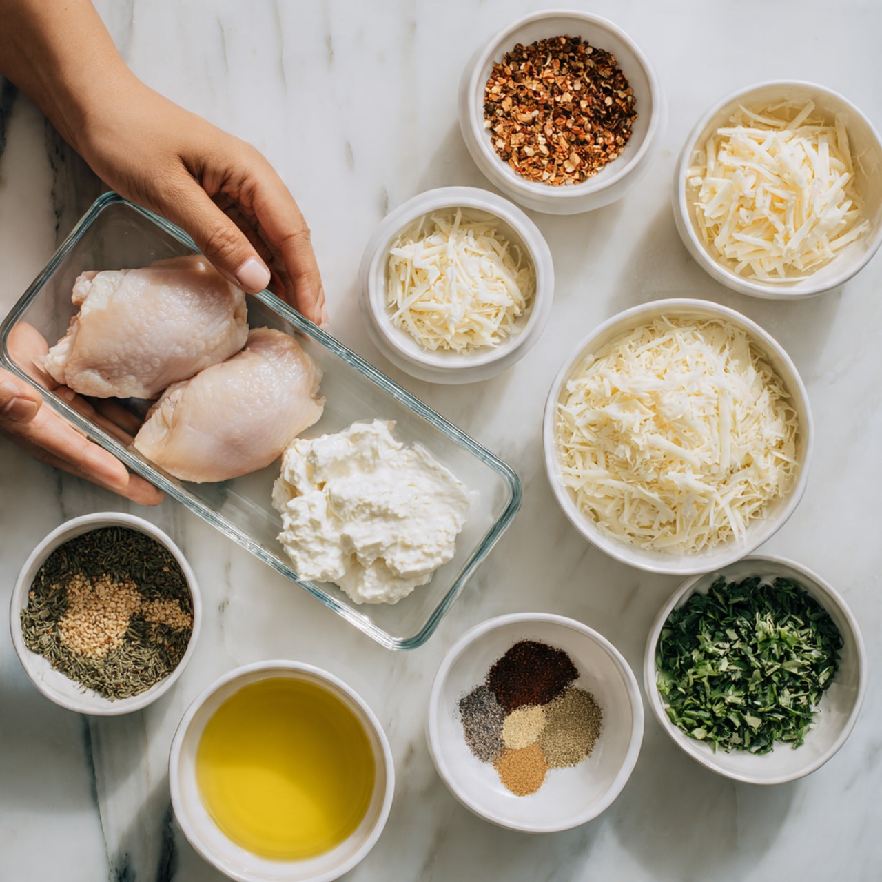 The image shows a white marbled surface with several small white bowls arranged neatly. In the center, there is a clear rectangular dish holding two raw pieces of chicken. Surrounding it are bowls with different ingredients: a bowl with white cream, a bowl of shredded cheese, a bowl with small brownish grains, a bowl with yellow oil, and a bowl with green chopped herbs. Two smaller bowls also contain various spices in shades of brown and black. A woman's hand is gently holding one of the bowls on the top left side. photo taken with an iphone --ar 4:5 --v 7