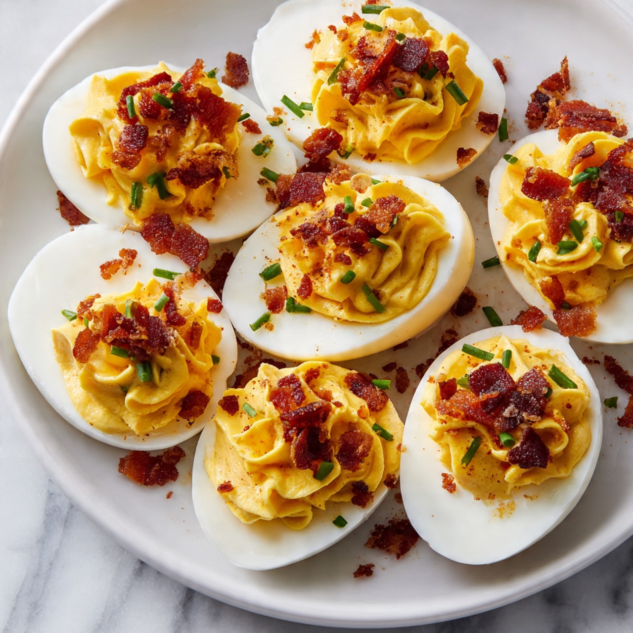 The image shows a close-up of several deviled eggs arranged on a white plate, placed on a white marbled surface. Each egg is cut in half, revealing smooth, white egg whites as the base layer. Inside each egg white half is a generous swirl of bright yellow, creamy yolk filling with a soft, slightly textured appearance. On top of the yolk filling, there are small pieces of crispy, reddish-brown bacon scattered, along with small green chive pieces for a touch of color. Some crumbs and garnishes are spread around the eggs on the plate. The photo taken with an iphone --ar 4:5 --v 7