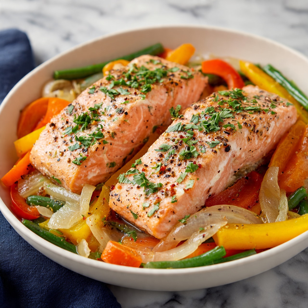 A white bowl holds two large pieces of pink cooked salmon, seasoned with black pepper and topped with chopped green herbs. The salmon sits on a bed of cooked mixed vegetables, including sliced orange bell peppers, green beans, and translucent sautéed onions with a slightly glossy texture. The vegetables surround the salmon, adding vibrant colors of green, orange, and light brown beneath the fish. The bowl is placed on a white marbled surface with a dark blue cloth partially visible on one side. Photo taken with an iphone --ar 4:5 --v 7