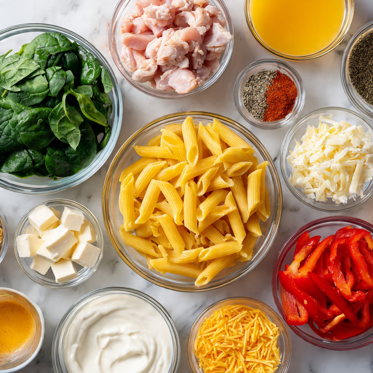 The image shows various clear bowls arranged neatly on a white marbled surface. At the center, there is a bowl filled with uncooked yellow penne pasta. Surrounding this are bowls with different ingredients: raw pink chicken pieces on the top left, chopped fresh green spinach leaves at the bottom left, thin slices of bright red bell pepper near the bottom center, and small cubes of white cream cheese at the top left. Other bowls contain white sour cream, golden yellow mustard, a light orange liquid broth, grated yellow cheese, and assorted spices in small amounts, including black pepper and paprika. The overall setup is clean and organized with the colors of the ingredients clearly visible. Photo taken with an iphone --ar 4:5 --v 7