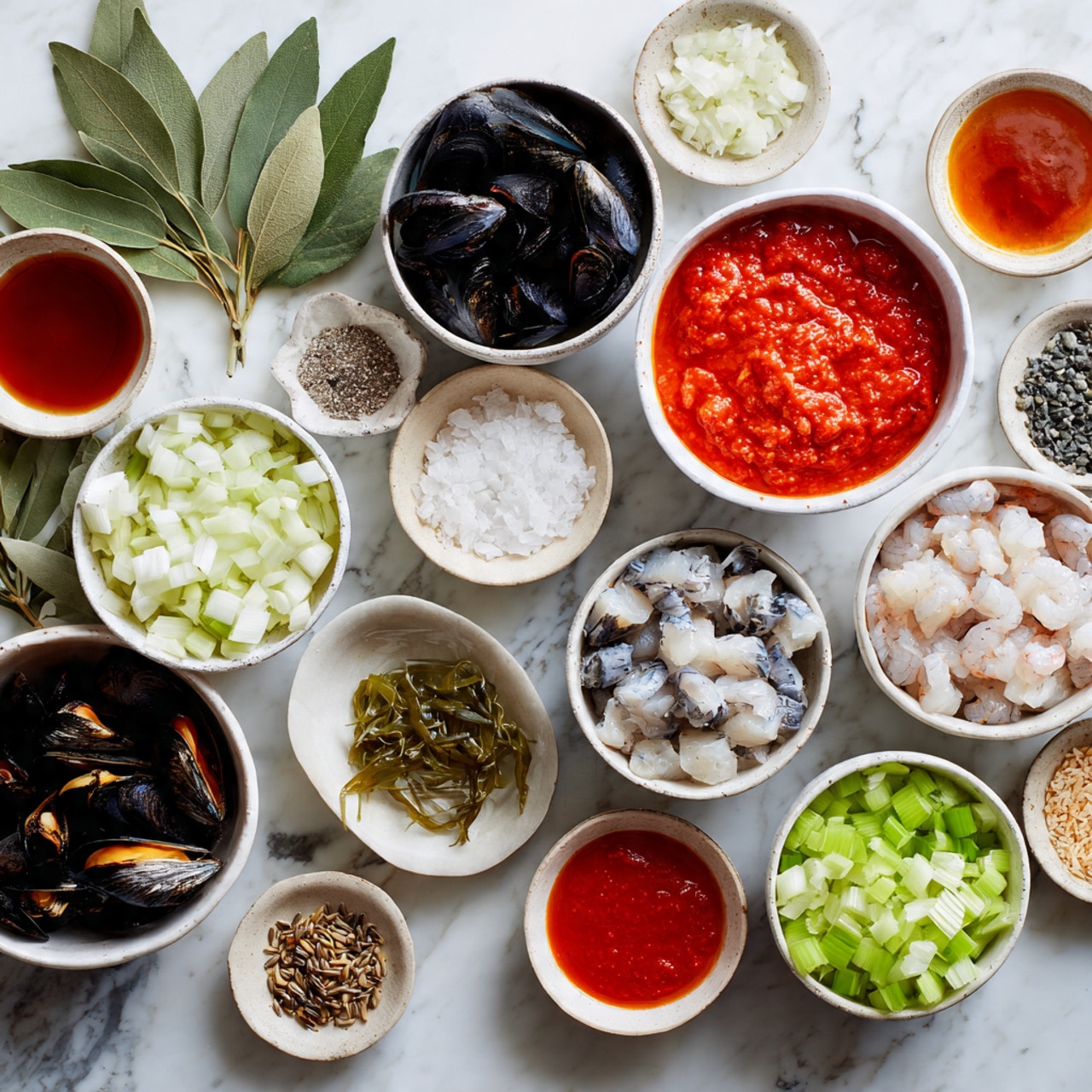 The image shows many small white bowls with fresh ingredients for cooking, arranged neatly on a white marbled surface. There are white seafood shells in one bowl, black mussels in another, grey raw shrimp in a third, and pieces of white fish in a fourth bowl. Around these are smaller bowls filled with chopped onions, celery, minced garlic, tomato sauce, a mix of oil and broth, and red paste. Fresh green herbs are laid on the side along with bay leaves and dried seeds. The colors include red, white, black, green, and brown, all bright and fresh. photo taken with an iphone --ar 4:5 --v 7