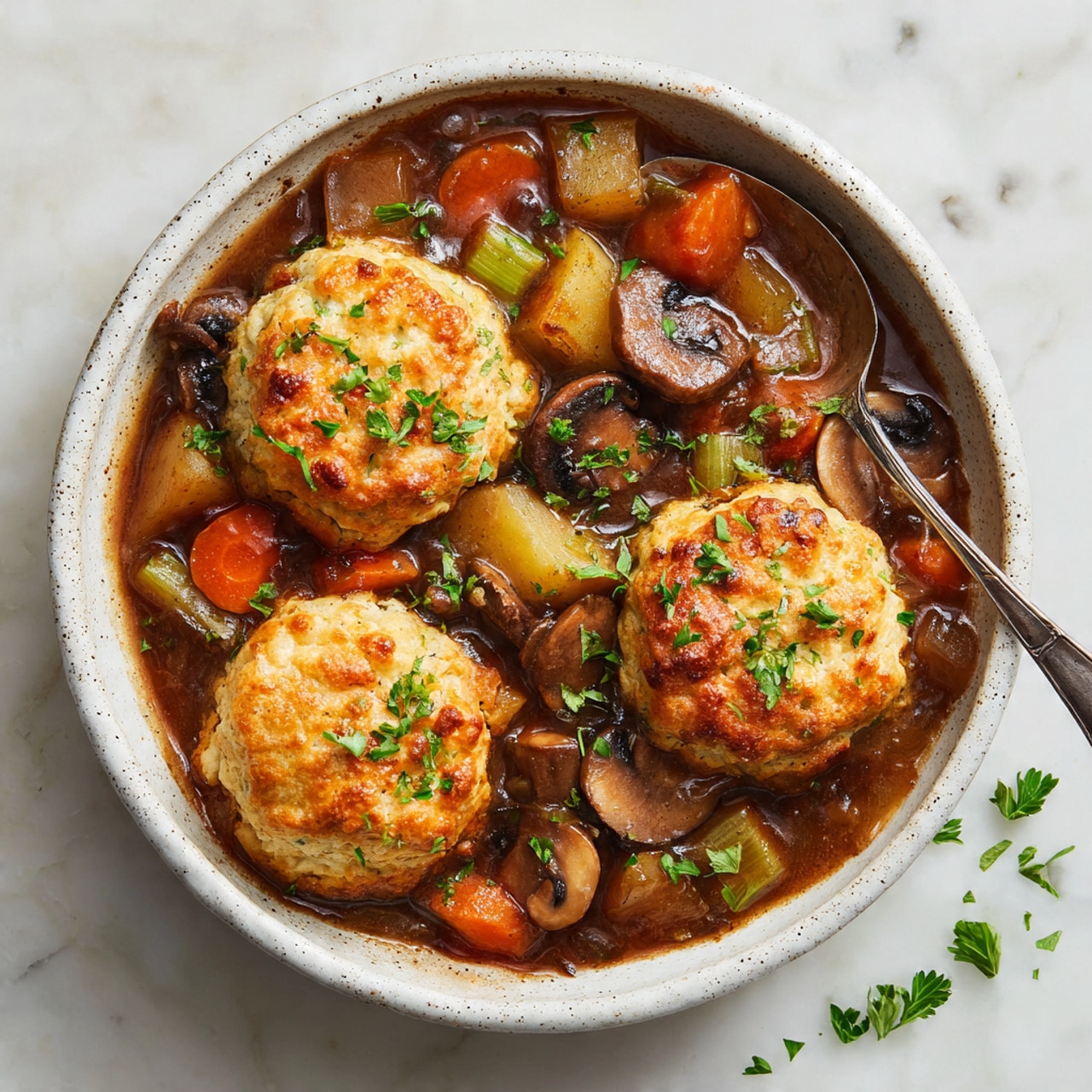 A white speckled bowl filled with a thick brown stew containing chunks of light brown potatoes, orange carrot slices, pale celery pieces, and sliced mushrooms in varying light brown tones. On top of the stew, there are four golden-brown, lightly crisp biscuit dumplings sprinkled with green parsley. A silver spoon is partially submerged on the right side of the bowl, resting on the stew. The bowl is placed on a white marbled surface with small sprigs of green parsley scattered around. Photo taken with an iphone --ar 4:5 --v 7