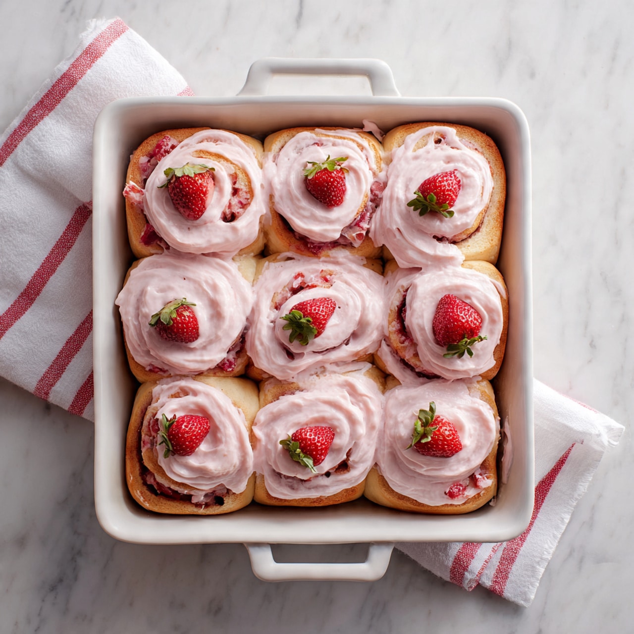 The image shows nine pink frosted cinnamon rolls arranged neatly in a white rectangular baking dish, each roll filled with bits of red strawberries. The frosting looks creamy and slightly swirled over each roll. Small pieces of strawberries decorate the frosting on top of the rolls, adding a fresh touch of red. The baking dish is placed on a white marbled surface, with a white cloth that has red stripes peeking from the bottom left corner. Photo taken with an iphone --ar 4:5 --v 7