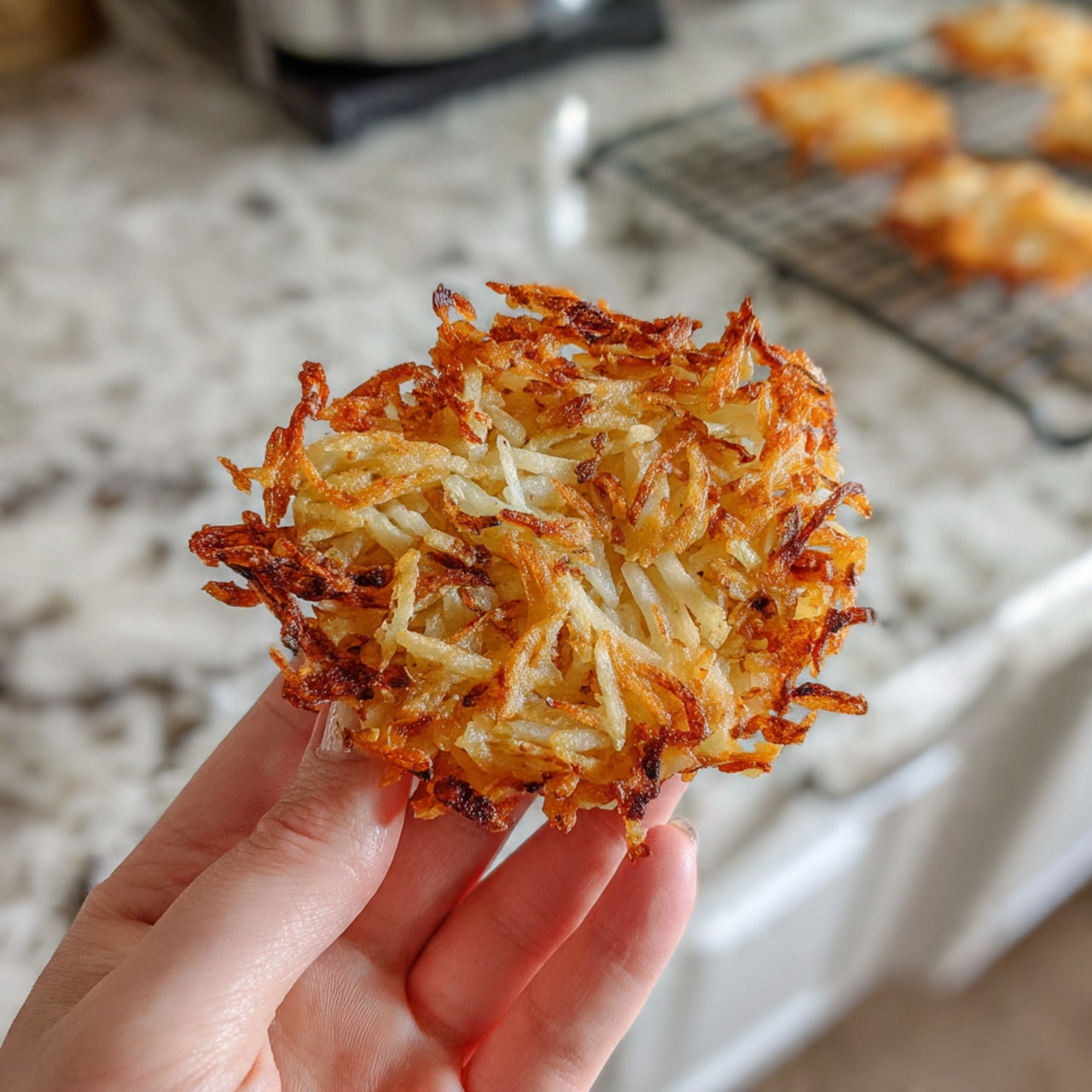 A close-up of a woman’s hand holding a crispy, golden-brown hash brown that shows a mix of thin, crunchy shredded potato strands with some lighter and darker toasted spots. The hash brown has an uneven, rustic shape with visible layers of crispy edges and softer inside bits. In the background, there is a white marbled kitchen countertop with a wire cooling rack and part of a stovetop, slightly blurred to focus on the hash brown. Photo taken with an iphone --ar 4:5 --v 7