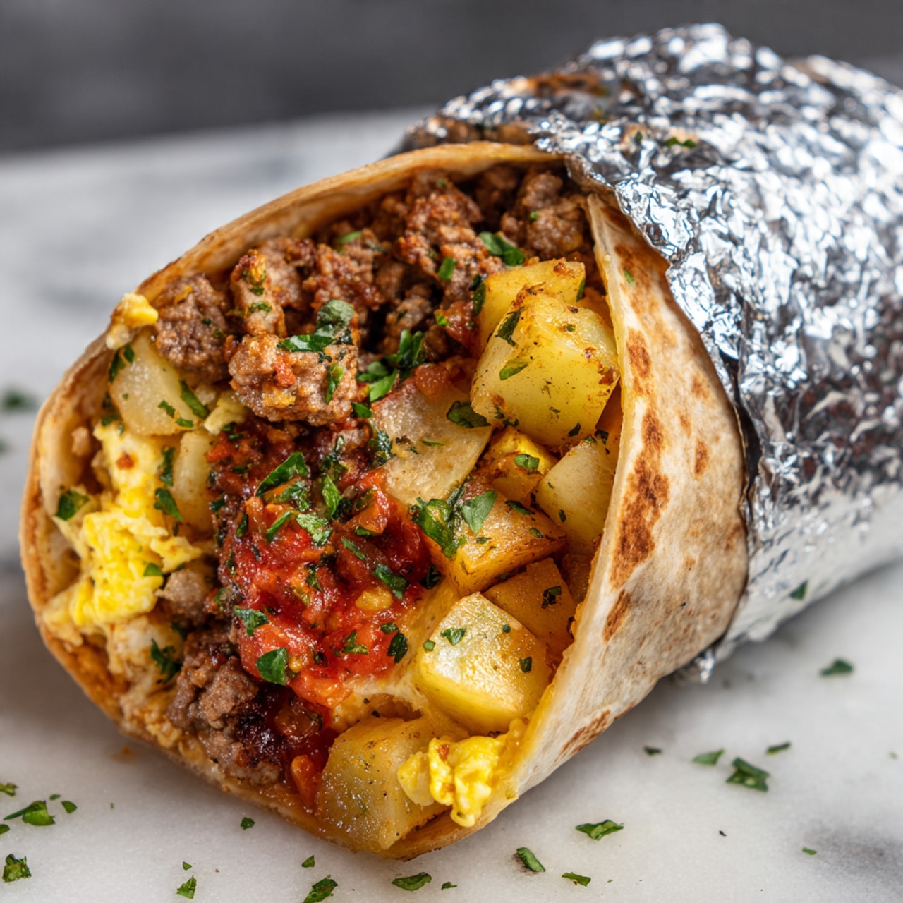The image shows a close-up of a wrapped burrito cut in half and wrapped in shiny silver foil. The burrito has three main visible layers inside: the bottom layer is a brown, soft tortilla wrapping around the ingredients; on the right side, there are small pieces of cooked ground meat with a reddish-brown color, sprinkled with green chopped herbs; above the meat, there are golden-yellow cooked potato chunks, also garnished with green herbs; on the left side, the top layer is made of light yellow scrambled eggs with a soft texture, slightly folded and fluffy. The white marbled surface underneath has small scattered green herbs, and part of another burrito half is visible at the top right. Photo taken with an iphone --ar 4:5 --v 7
