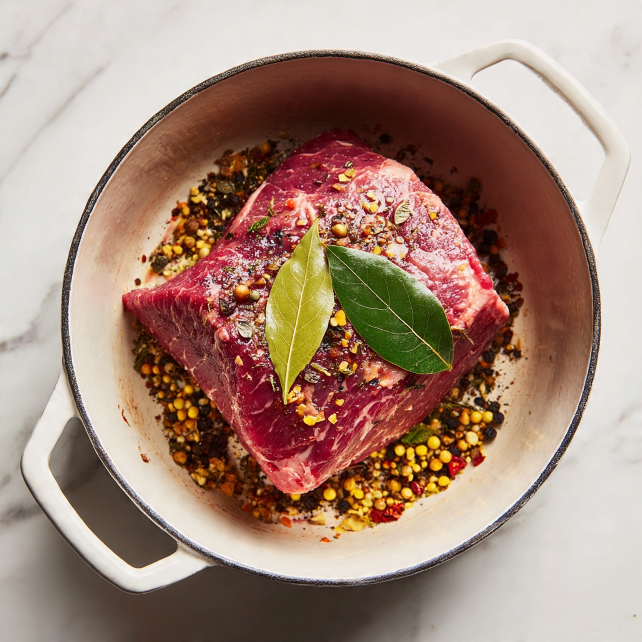 A white cast iron pot holds one large piece of raw red meat with visible marbling. On top of the meat, there are two light green bay leaves and a mix of various whole spices including yellow mustard seeds, black peppercorns, and red chili flakes scattered across the surface. The pot is placed on a white marbled surface. photo taken with an iphone --ar 4:5 --v 7