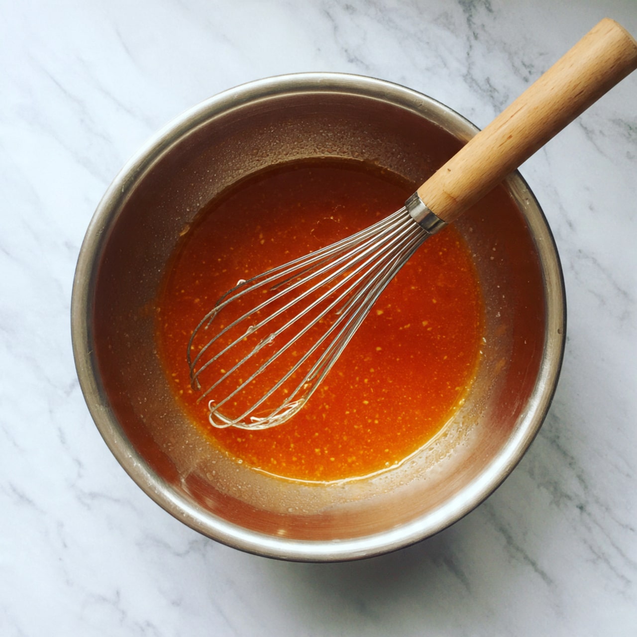 A shiny silver metal bowl holds a deep orange sauce with a smooth texture and tiny darker specks dispersed throughout. A metal whisk with a pale wooden handle rests inside the bowl, partially covered in the sauce. The bowl sits on a white marbled surface that contrasts with the warm color of the sauce. photo taken with an iphone --ar 4:5 --v 7
