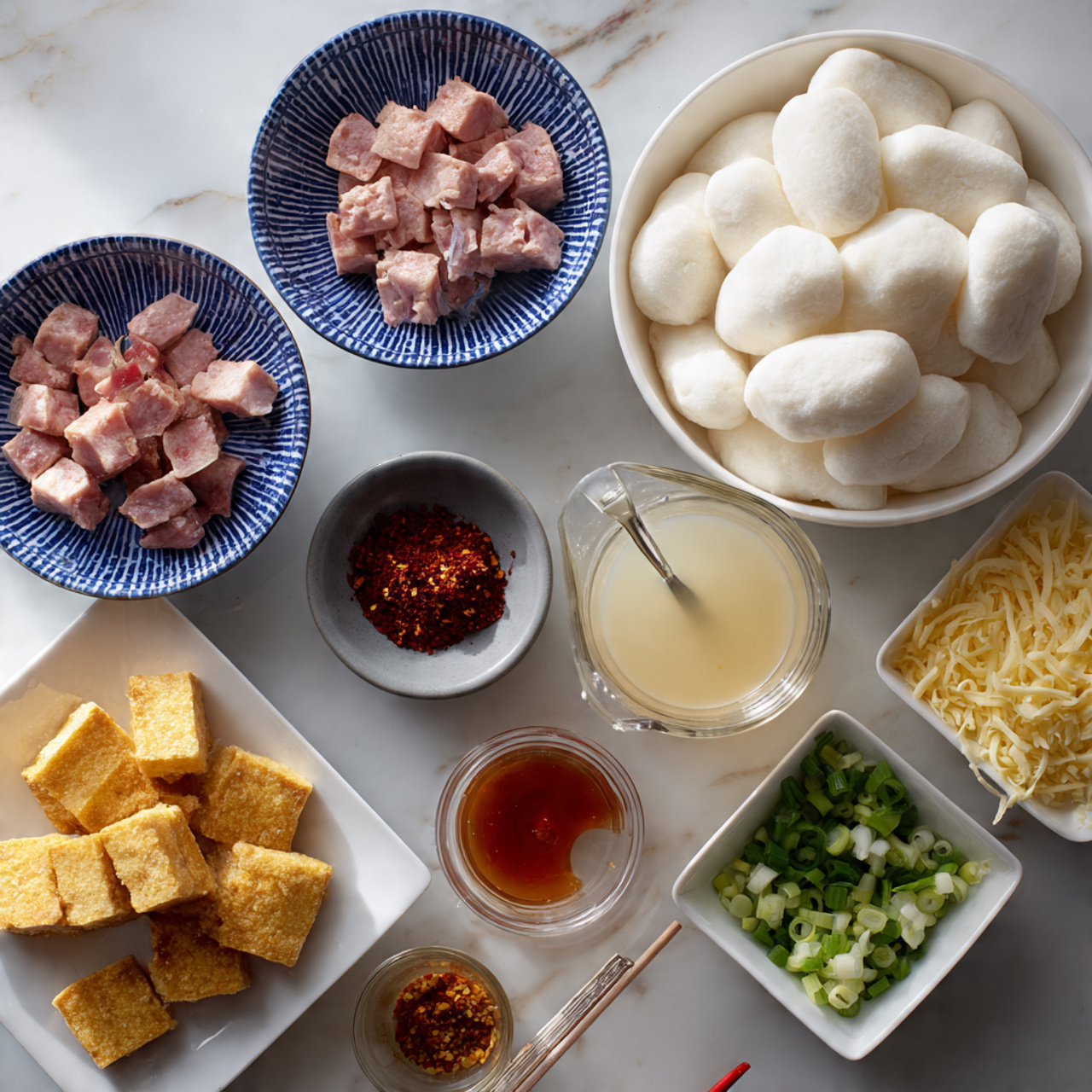 The image shows several bowls and containers of cooking ingredients arranged on a white marbled surface. In the center, there is a white bowl full of white, oval rice cakes. Behind it, a clear glass measuring cup holds a light beige liquid. To the left, two blue and white patterned bowls contain small pieces of raw pink meat and golden-brown fried tofu squares. Nearby, a small gray bowl with a spoon contains a red paste, and a small white bowl holds a small amount of red chili powder. To the right, a small square white bowl is filled with chopped green onions, and another square white bowl contains shredded pale yellow cheese. Lastly, a small clear container with a bit of reddish-brown liquid is placed near the bowls. photo taken with an iphone --ar 4:5 --v 7