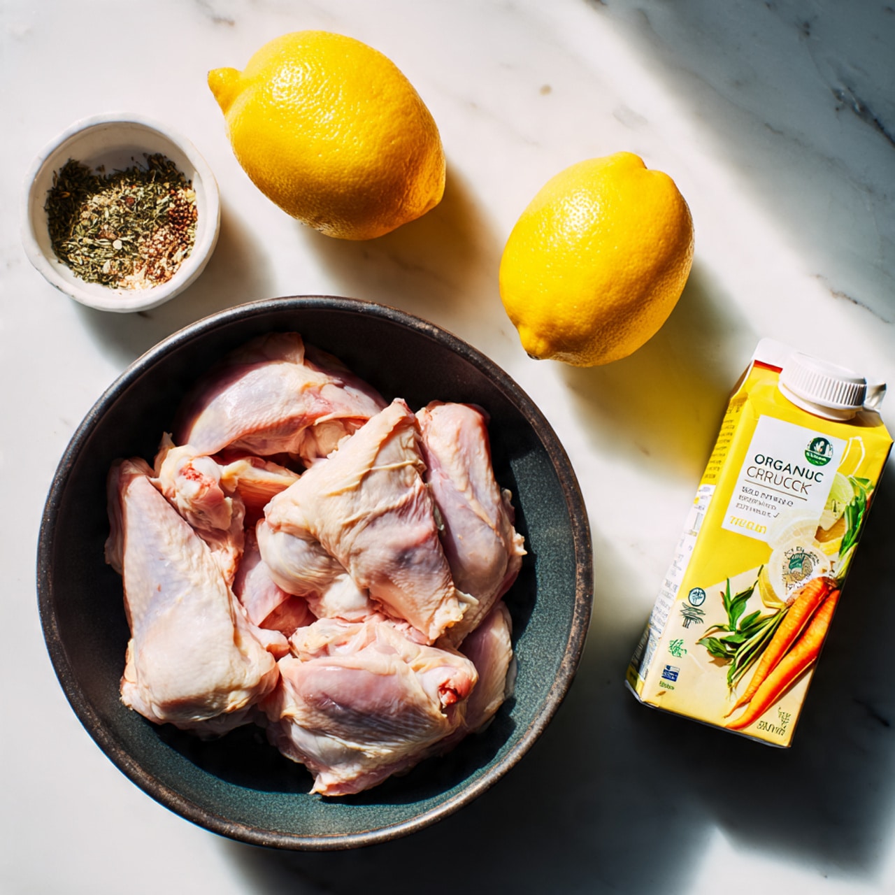 A top view shows a dark bowl filled with several raw, pale pink chicken pieces, layered loosely and overlapping. Above the bowl on a white marbled surface, two bright yellow lemons are placed side by side. To the left of the lemons, there is a small white bowl holding a mix of green and brown spices. On the right side, a carton of organic chicken stock with text and images of carrots stands upright, showing the front label clearly. The whole setup is brightly lit with soft shadows. photo taken with an iphone --ar 4:5 --v 7