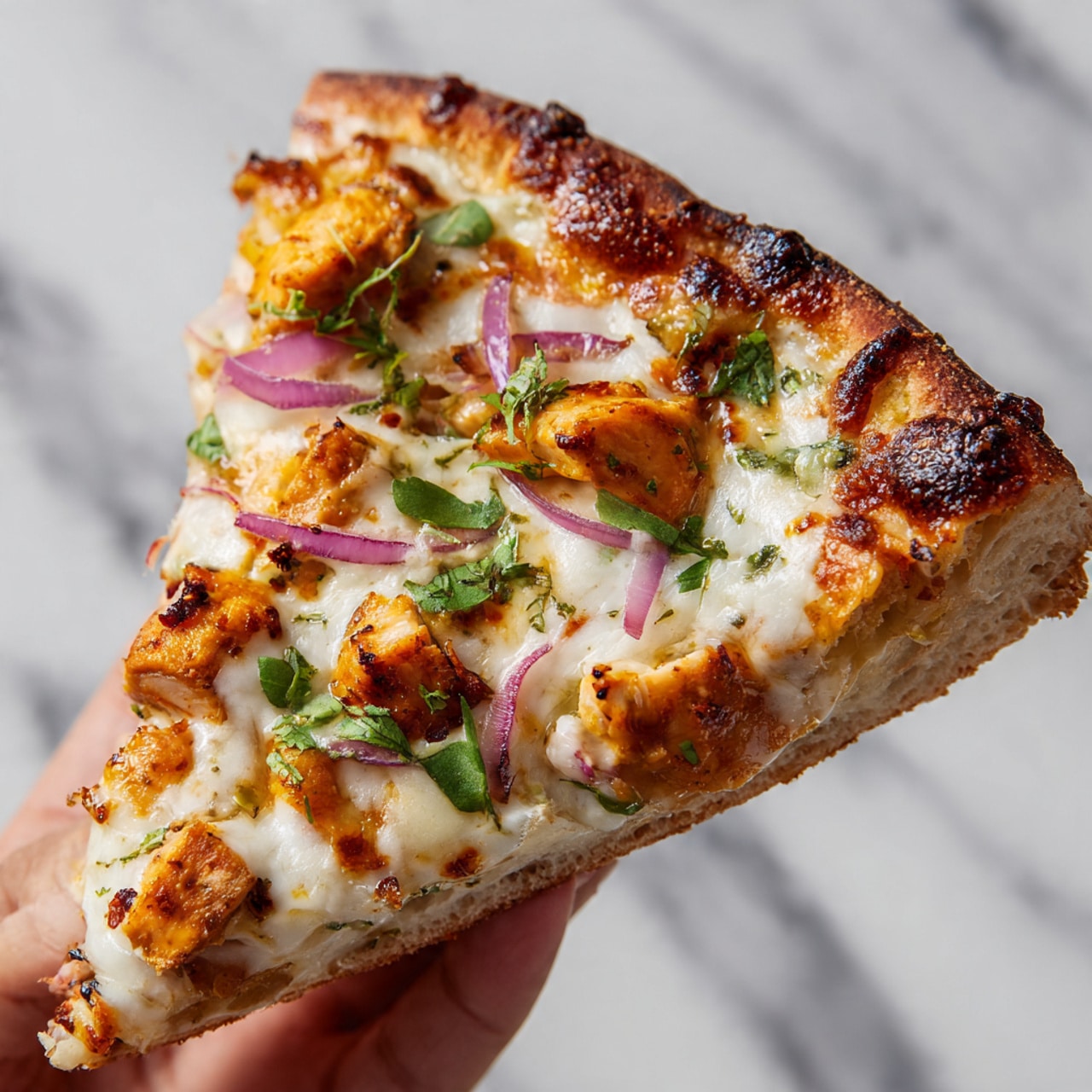A close-up view of a pizza slice held by a woman's hand shows three clear layers: the thick, light brown crust with some small char marks on the edge; a layer of melted white cheese slightly browned in spots; and scattered chunks of orange-brown cooked chicken pieces along with thin slices of red onion and small green herb bits on top. The pizza surface has a glossy, savory look with melted cheese stretching around the toppings, and the background is a white marbled texture. photo taken with an iphone --ar 4:5 --v 7