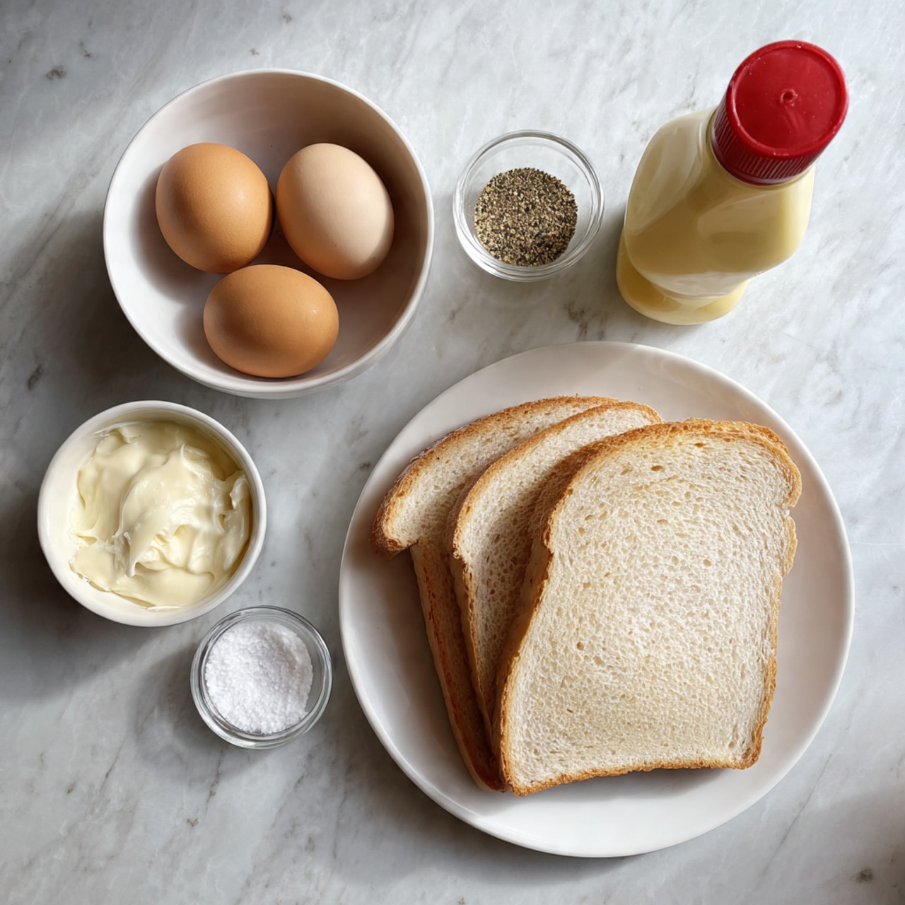 A top view of a white marbled surface with ingredients neatly arranged: a white bowl with three brown eggs, a clear small bowl of white salt, a clear small bowl of black pepper, four slices of white bread stacked on a white plate, and a bottle of light yellow sauce with a red cap. photo taken with an iphone --ar 4:5 --v 7