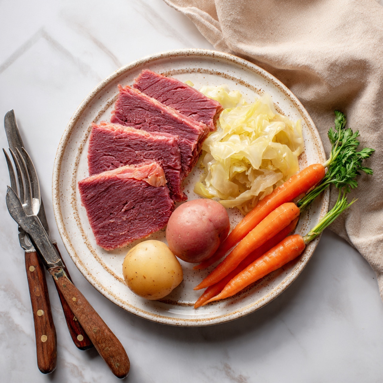 A white speckled plate holds three thin, flat slices of dark pink corned beef placed on the left side, overlapping slightly. To the right of the meat, there is a small pile of pale yellow cooked cabbage with a soft, somewhat translucent texture. Three small cooked potatoes, two light brown and one reddish-brown, sit near the center-bottom of the plate. On the right edge of the plate, two bright orange carrots with green tops lean against the cabbage. A silver fork and knife with wooden handles rest below the plate on a white marbled surface, and a soft beige cloth is placed to the top right. Photo taken with an iphone --ar 4:5 --v 7