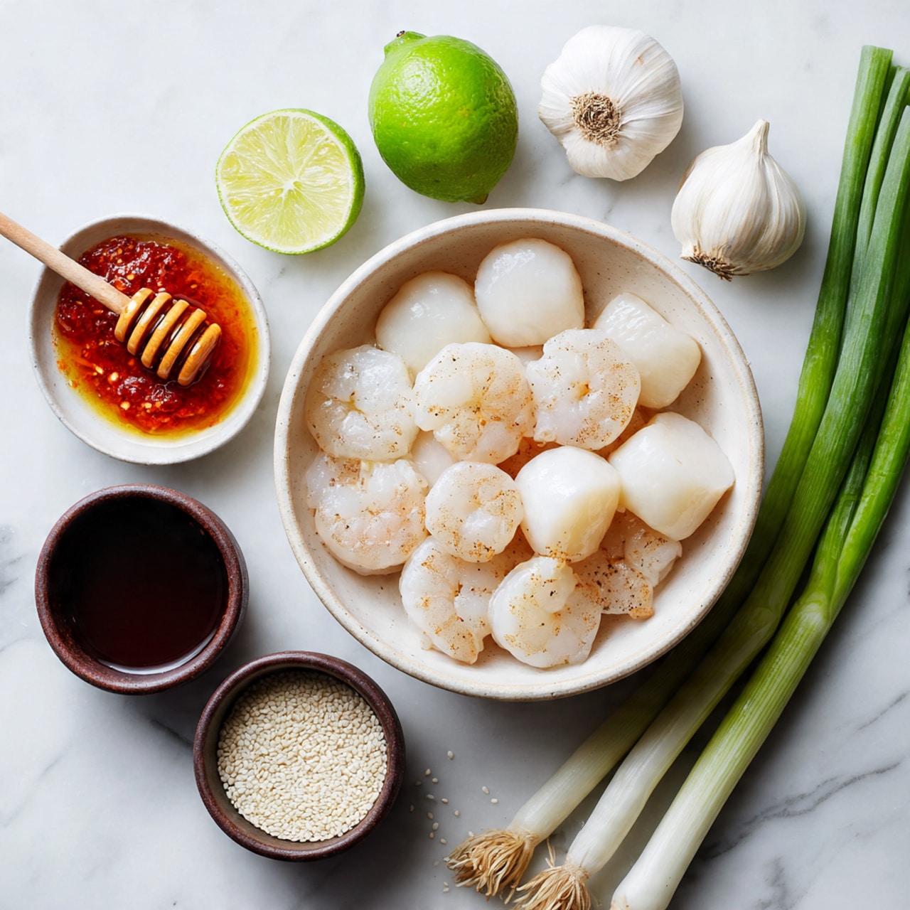 A white round bowl filled with raw shrimp and small white round scallops sits on a white marbled surface. Three green onions lie to the right of the bowl, with the roots closest and green tops pointing away. To the upper left are two garlic cloves next to a halved lime with bright green flesh. Below the garlic is a honey dipper resting on the surface with honey on it. Near the bottom left is a small white bowl of red chili paste. Two small dark brown cups filled with dark liquid are placed between the main bowl and other ingredients. To the bottom right, a small pile of white sesame seeds rests on the marbled surface. Photo taken with an iphone --ar 4:5 --v 7