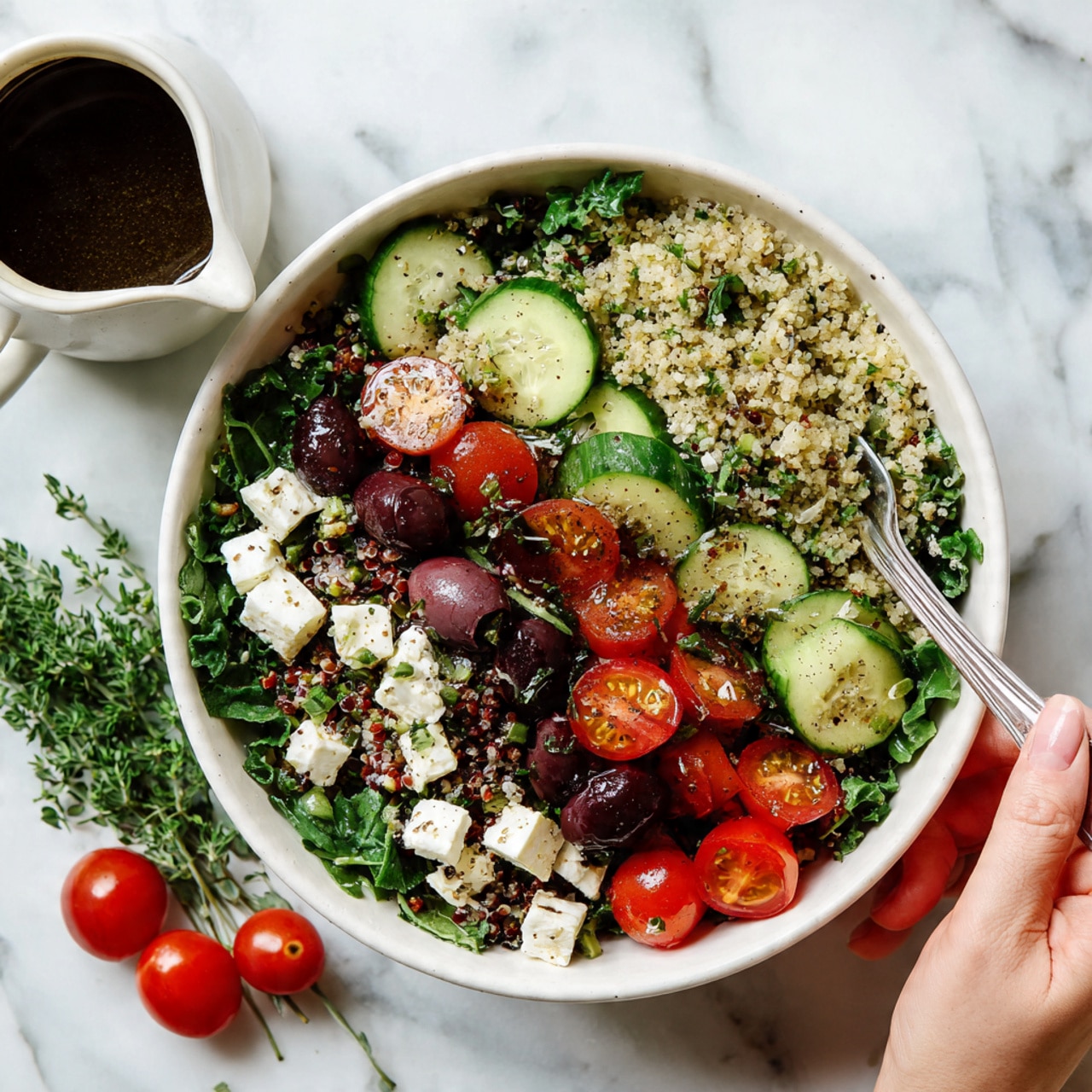 A white bowl filled with a colorful salad on a white marbled surface. The salad has a base layer of green leafy vegetables, topped with sliced cucumbers and halved cherry tomatoes. Scattered over the top are small chunks of white cheese and black olives. There are also some red grains or small pieces mixed in, adding a different texture and color. A small bunch of green herbs is placed on the side near the bowl with a few cherry tomatoes nearby. A woman's hand holds a fork resting on the edge of the bowl, and a dark sauce is in a white jug beside it. Photo taken with an iphone --ar 4:5 --v 7