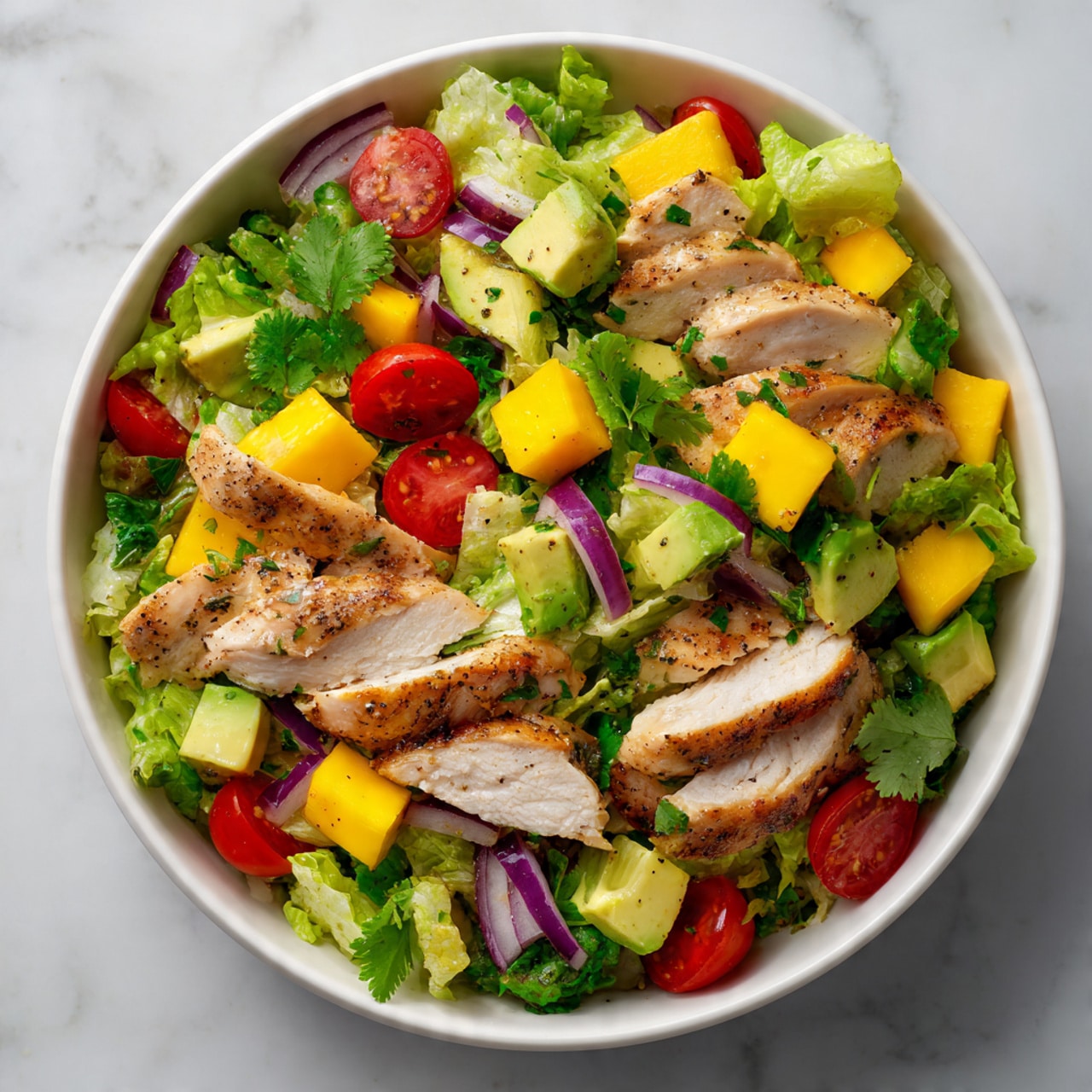 A white bowl filled with a colorful salad. The base layer is made of chopped green lettuce leaves with a fresh, crisp texture. On top, slices of grilled chicken with a light brown, slightly charred surface are placed in two spots. Scattered throughout are bright yellow mango cubes adding a juicy texture, along with ripe avocado slices with smooth, pale green flesh. Cherry tomato halves showing a vibrant red color are mixed in as well, along with thin rings of purple-red onion. Some fresh green herbs like cilantro are sprinkled over the top for extra color. The salad rests on a white marbled surface. photo taken with an iphone --ar 4:5 --v 7
