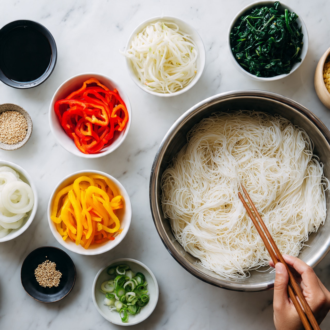 The image shows a variety of ingredients neatly arranged on a white marbled surface. At the center right, there is a large stainless steel bowl filled with thin, white noodles. Surrounding it are small white bowls holding different colorful ingredients: shredded orange carrots with a pair of chopsticks resting on the edge, sliced white onions, bright red bell peppers, yellow bell peppers, wilted dark green spinach, light green scallions in a small black bowl, a small white bowl of sesame seeds, and a white bowl with dark soy sauce. A woman's hand is reaching with chopsticks into the carrot bowl. The setup looks clean and organized with a simple, fresh look. photo taken with an iphone --ar 4:5 --v 7