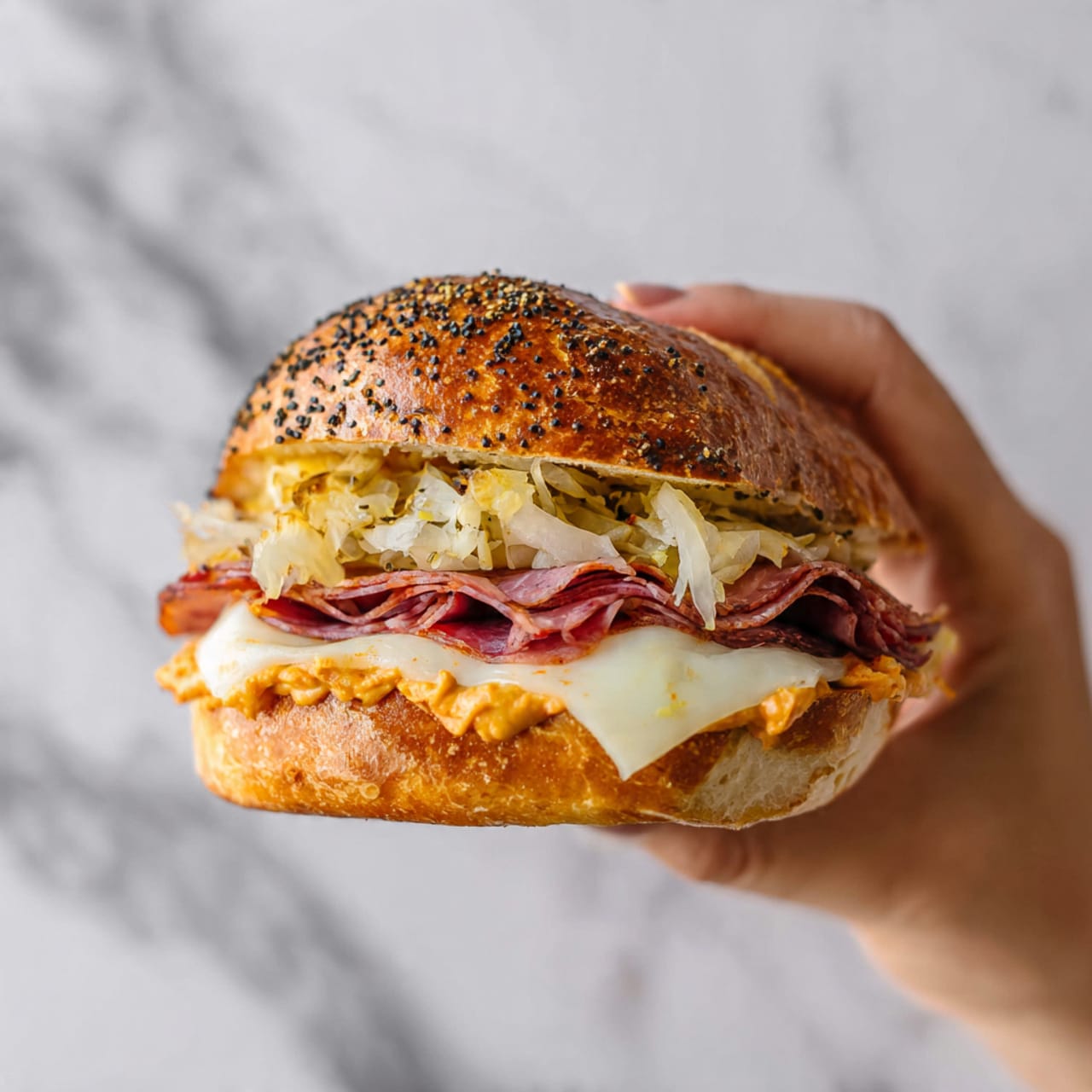 The image shows a close-up of a sandwich held by a woman's hand with layers from bottom to top: soft white bread roll with a golden-brown crust topped with a creamy orange spread, a layer of pale sauerkraut with slight hints of green herbs, thick slices of folded pinkish red pastrami, melted white cheese stretching out from the side, and the top half of the bread roll with a shiny golden crust sprinkled with black and white seeds. The background and surface have a white marbled texture. Photo taken with an iphone --ar 4:5 --v 7