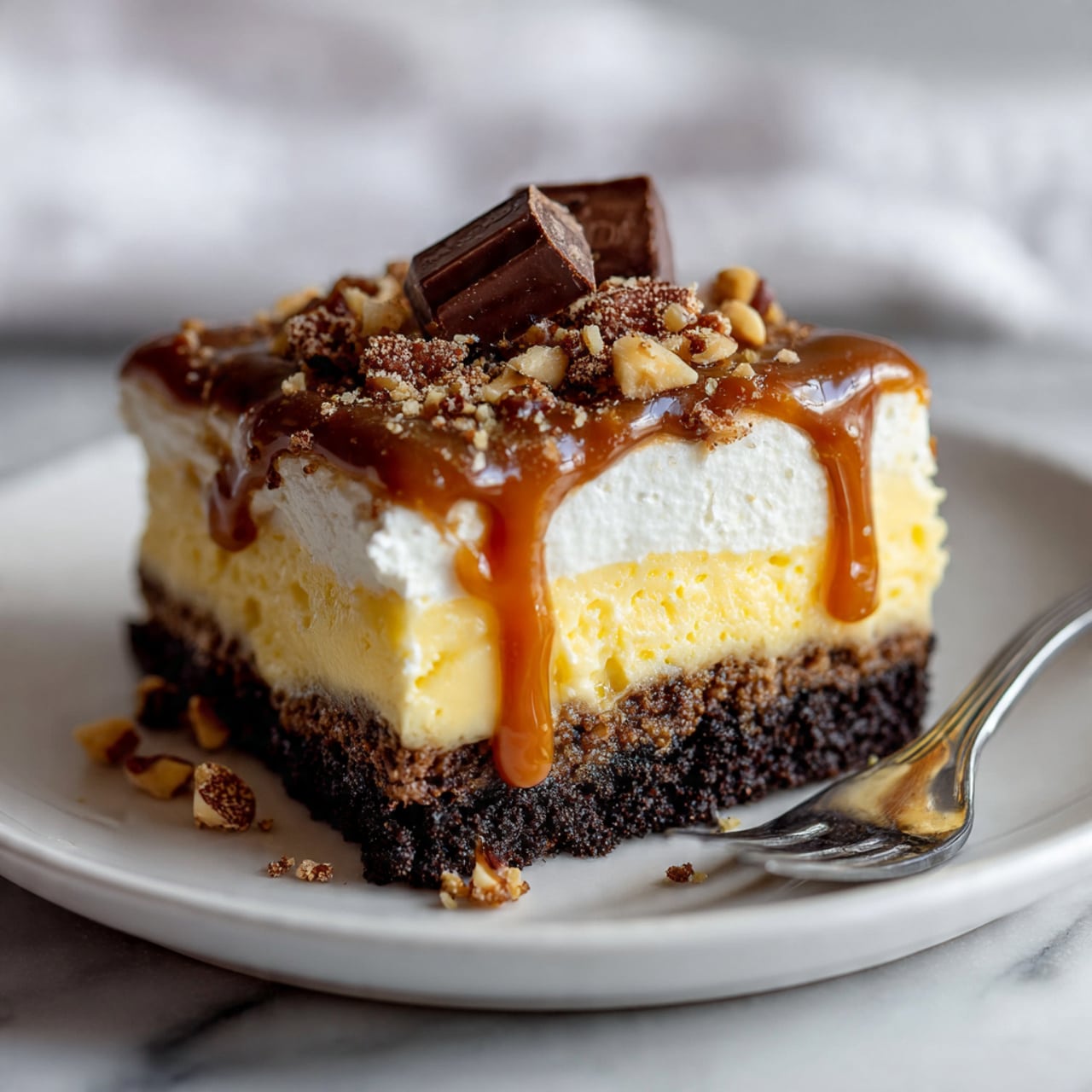 The image shows a close-up of a layered dessert served on a white plate over a white marbled surface. The bottom layer is dark and crumbly, looking like crushed cookies or chocolate crumbs. Above this, there is a thick creamy yellow layer with a smooth texture. On top of the yellow layer, there is a white cream layer that looks soft and fluffy. The dessert is covered with a shiny caramel sauce that drips down the sides. Pieces of chopped nuts are sprinkled on top, adding texture. On the very top, there is a small piece of chocolate candy. A woman's hand is holding a fork on the right side, ready to take a bite. The photo taken with an iphone --ar 4:5 --v 7