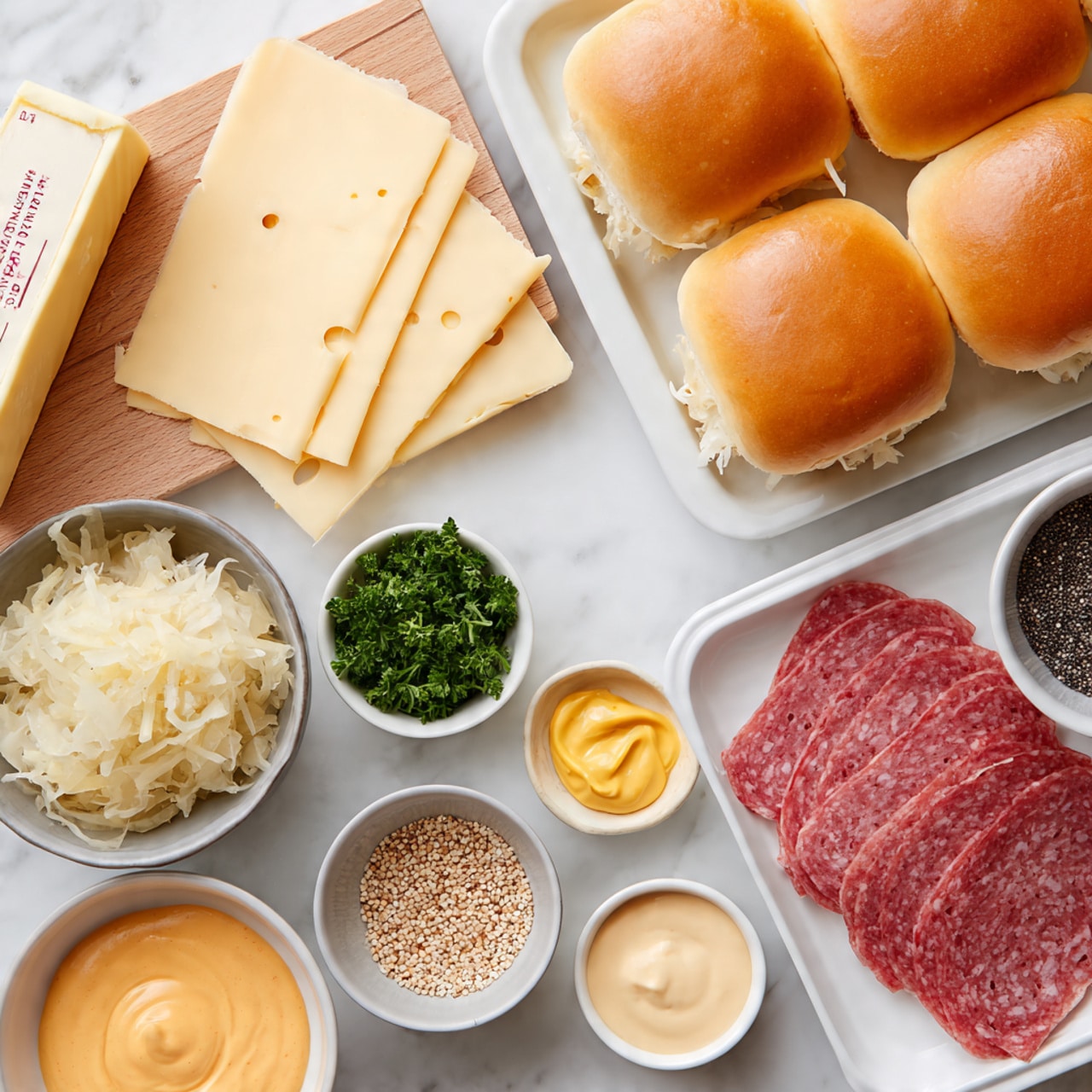 This image shows ingredients arranged neatly on a white marbled surface for making sandwiches or sliders. There are 12 soft golden brown slider buns in a white tray at the top right. A white plate to the right holds thin slices of red deli meat with slight marbling. In the top left, several slices of pale yellow Swiss cheese with holes rest on a wooden board. Below, a stick of unsalted butter lays flat with red text on the wrapper. A small gray bowl near the bottom left holds light yellow sauerkraut with a shredded texture. Around it are three small white bowls containing fresh green parsley leaves, light-brown small grain or seeds, and smooth pale yellow mustard. Near the bottom edge are two more small white bowls, one with creamy orange sauce with small bits in it, and the other with a pile of dark gray poppy seeds in a white bowl with brown speckles. photo taken with an iphone --ar 4:5 --v 7