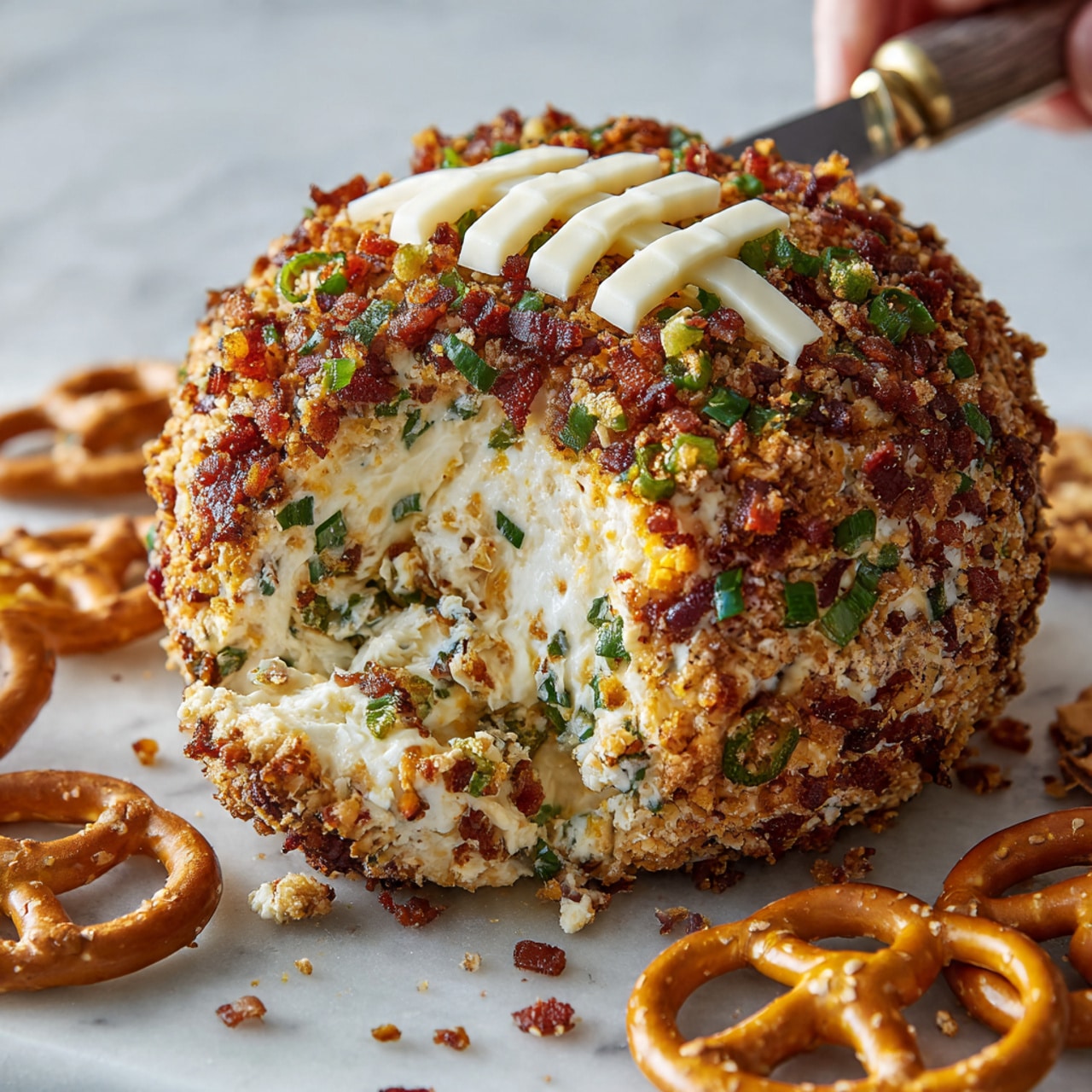 The image shows a round cheese ball covered in a mix of crispy brown bacon bits, bright green chopped jalapenos, and herbs, with a crumbly golden layer underneath that adds texture. On top, five white cheese strips are placed in a football-like lacing pattern. The cheese ball is placed on a white marbled surface with several golden brown pretzels scattered around it. A knife is slicing a piece from the cheese ball, showing the creamy, textured inside mixed with bits of bacon and jalapeno. Photo taken with an iphone --ar 4:5 --v 7