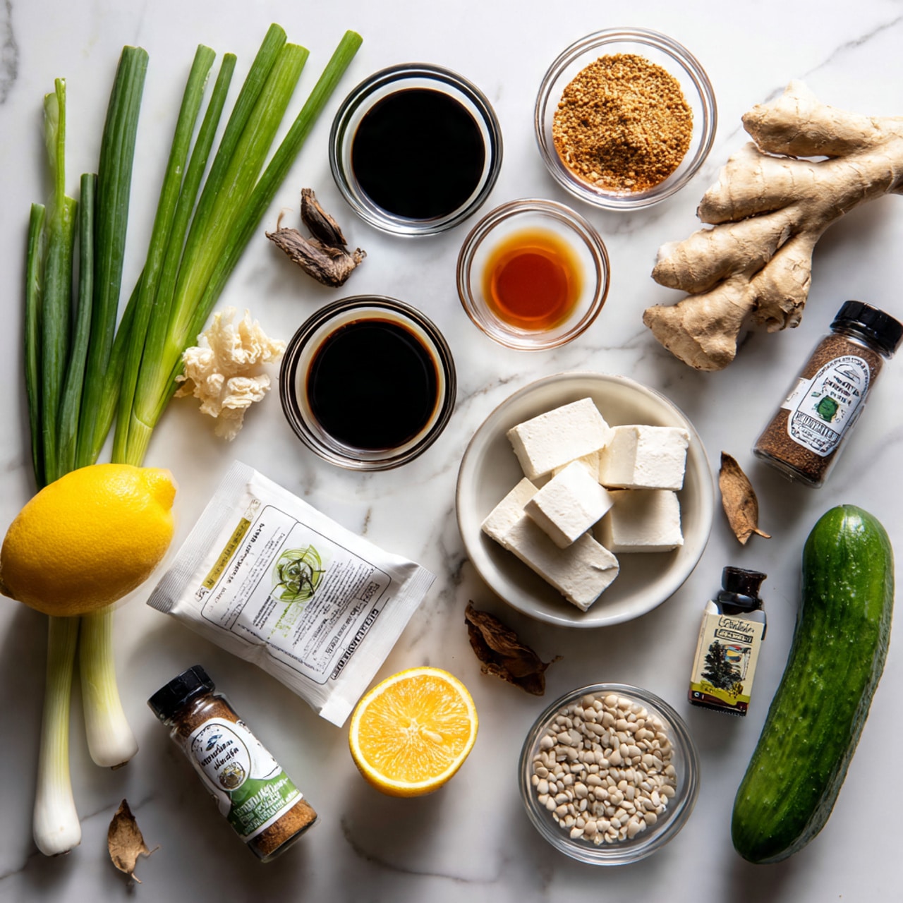 The image shows a white marbled surface with various cooking ingredients arranged neatly. There are fresh green onions placed on the left, next to a lemon and a carrot. Small glass bowls hold different spices and sauces, including a dark soy sauce, a light brown liquid, and some seeds. A packet of tofu is placed near the bottom left, and a fresh cucumber lies to the right. There are also dried mushrooms in a small white bowl at the top left, a piece of ginger root at the top center, and some seasoning bottles scattered around. The arrangement is clean and visually balanced. Photo taken with an iphone --ar 4:5 --v 7