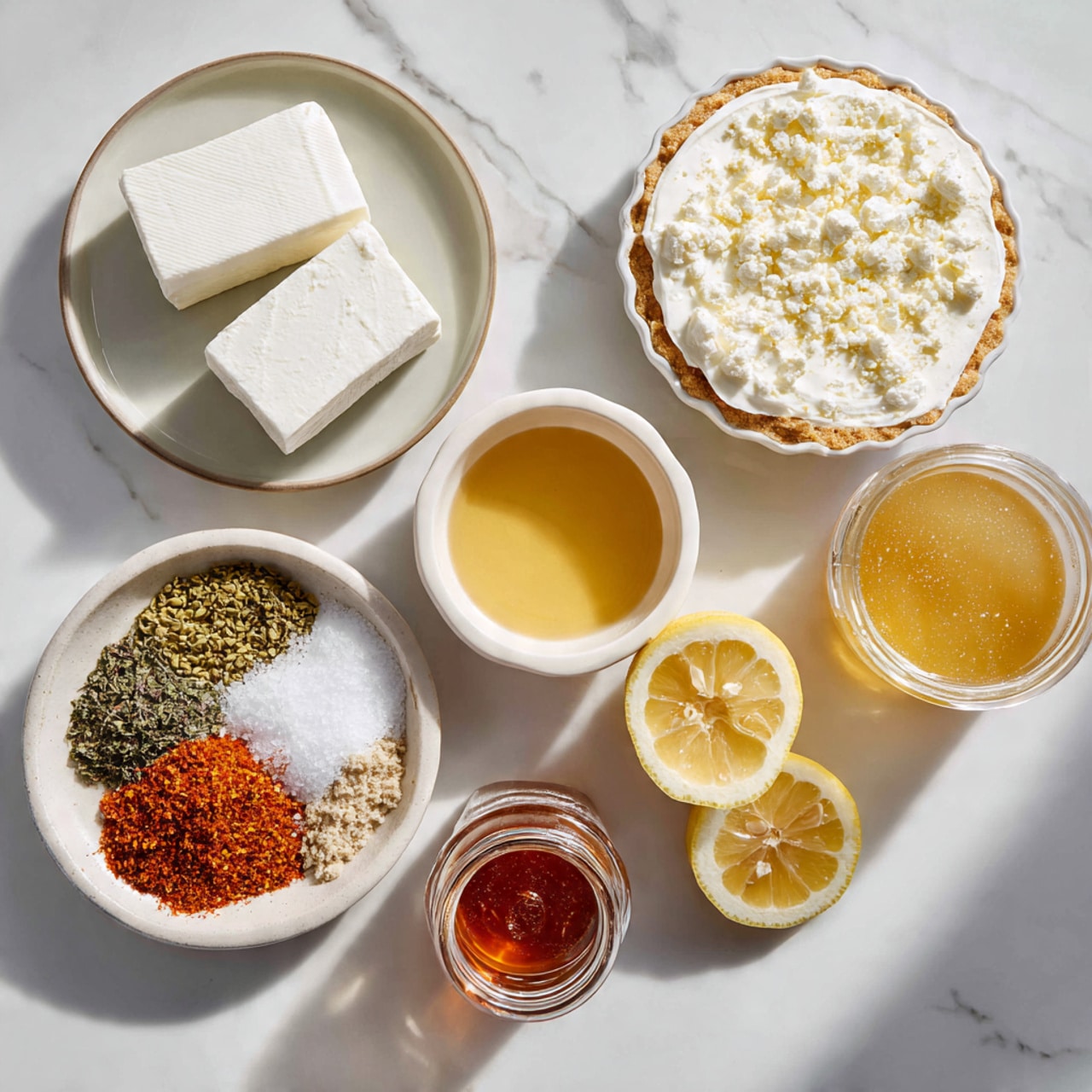 The image shows a top view of several small white bowls and plates placed on a white marbled surface. One plate holds two white blocks of soft cheese, while a pie dish is filled with a white creamy layer topped lightly with crumbs. Another bowl contains a clear golden liquid, likely honey or syrup. A small white bowl holds orange crumbs or powder. There is a round plate with layers of spices arranged in sections: green herbs, red flakes, and white grains, as well as a woman's hand holding a jar with a reddish sauce. Additionally, two lemon halves are placed near the bowls. The overall color palette is soft with light tones and a clean, bright setting. photo taken with an iphone --ar 4:5 --v 7