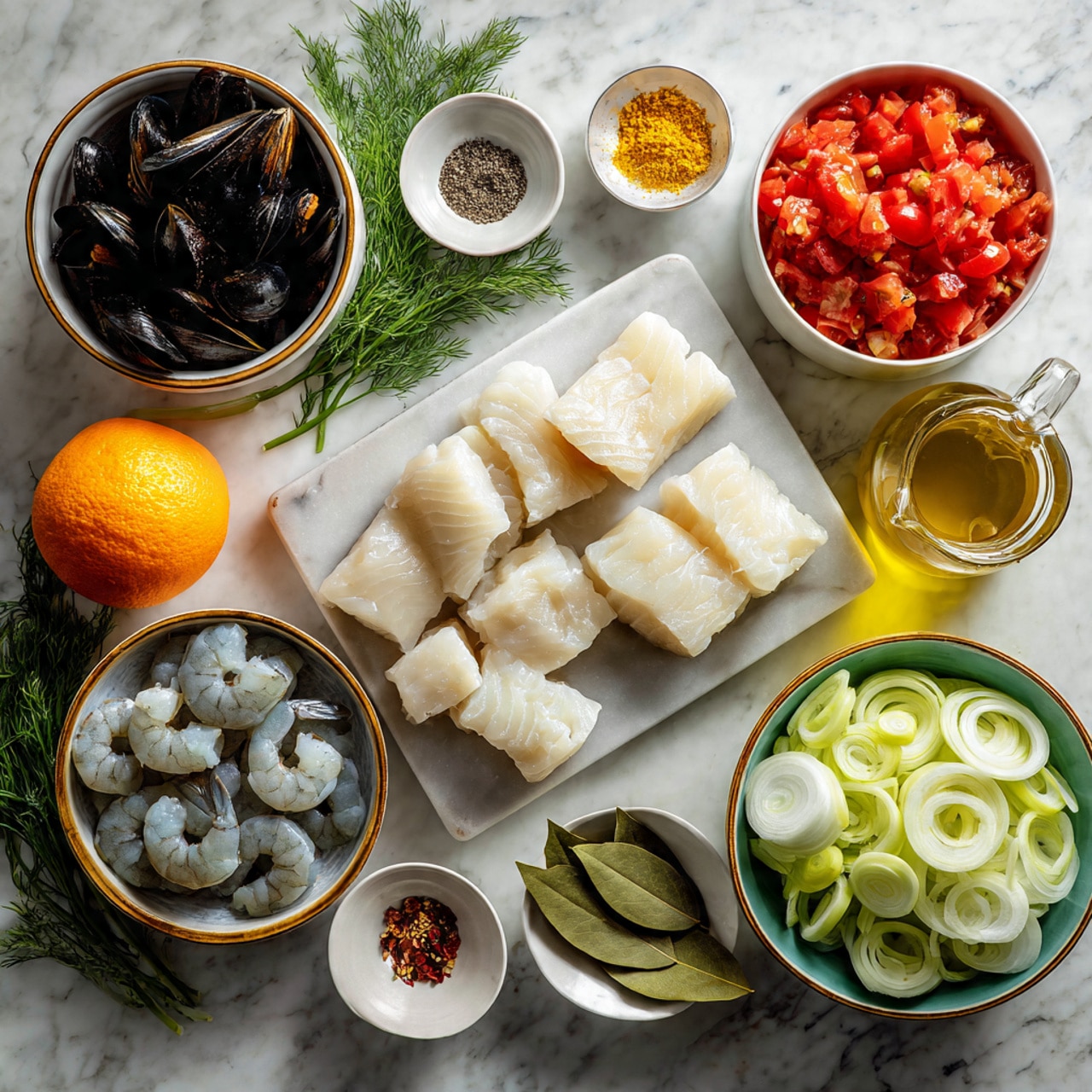 The image shows a white marbled surface with many ingredients arranged neatly. In the center is a light gray cutting board holding pieces of white fish fillets cut into large chunks. Around it, there are white bowls with golden rims holding black mussels on the top left, gray shrimp below, pale green rings of leek on the right, and a green bowl with thin white onion slices at the bottom right. Above the fish, small bowls hold ground black pepper and salt, some saffron threads, minced garlic, and a bay leaf on a small dish. To the upper right, there is a glass bowl filled with chopped red tomatoes and a glass pitcher of golden olive oil. A whole orange sits near the middle-right, and fresh green dill is placed in a small white dish at the bottom left. The arrangement is clean and organized with soft natural light. Photo taken with an iphone --ar 4:5 --v 7