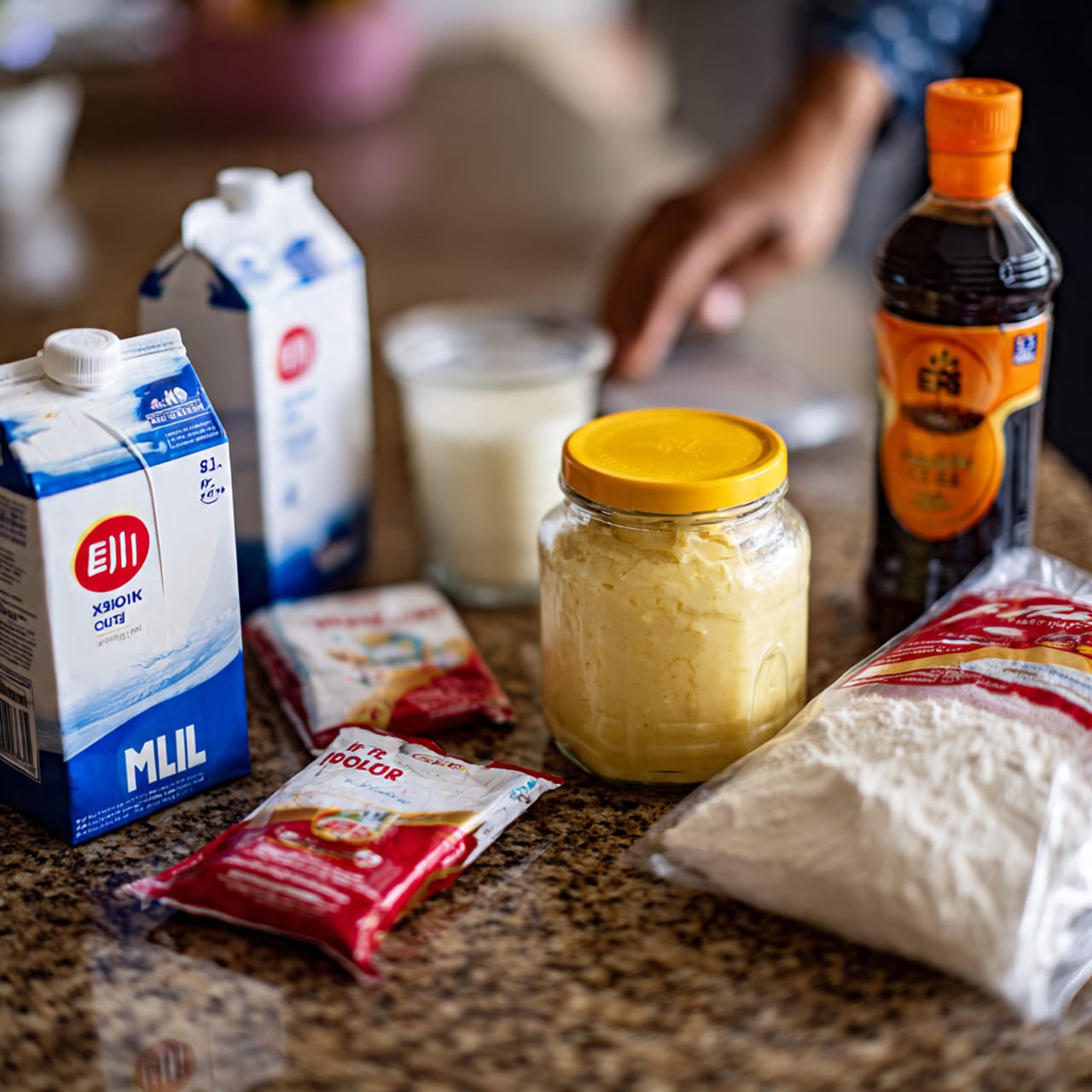 The image shows a close-up of a kitchen counter with several cooking ingredients arranged loosely in a cluster. From left to right, there is a white carton of milk with blue and red text, two small packets of baking powder and baking soda with red and white designs, a clear glass jar with a yellow lid filled with a creamy yellow spread, a dark bottle of syrup with orange and white text, and a clear plastic bag of flour with a red label. The countertop surface is a textured brown stone pattern, and the background is softly blurred. A woman's hand is visible reaching towards the ingredients. photo taken with an iphone --ar 4:5 --v 7