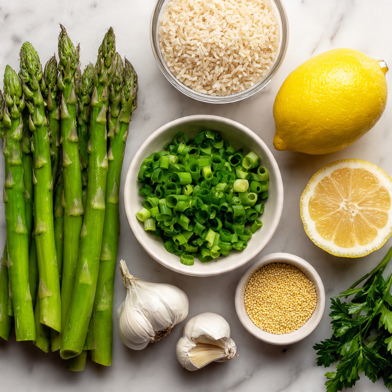 The image shows fresh green asparagus stalks on the left side, next to a white bowl filled with finely chopped green onions. Above the green onions is a clear container holding light brown uncooked rice. To the right is a whole bright yellow lemon and a half lemon with visible seeds and juicy texture on a white marbled surface. Below the lemon is green parsley with fresh leaves. Near the bottom are two full white garlic cloves, a small white bowl with light brown paste, and another small white bowl filled with small yellow grains, all arranged neatly. Photo taken with an iphone --ar 4:5 --v 7