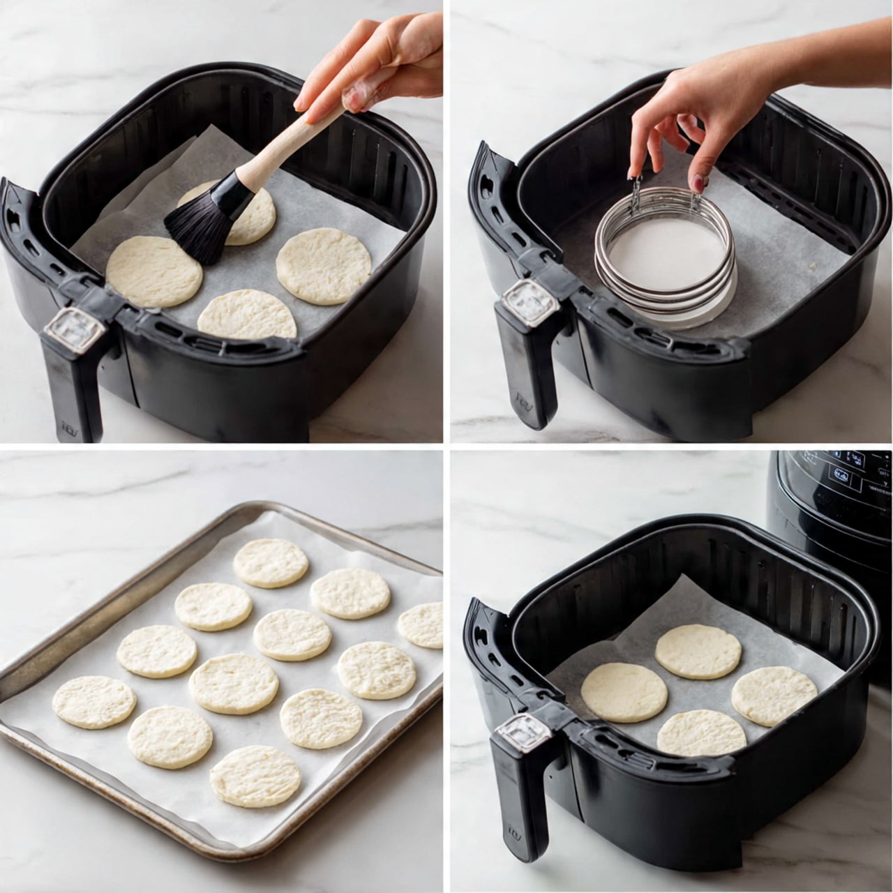 The image shows a step-by-step process of making dough rings. The first part has a woman's hand holding a black brush inside a black air fryer basket with a white marbled surface in the background. In the second part, the woman's hand uses a circular cutter to press into thick white dough rounds placed on parchment paper on a white tray with a white marbled surface. The third part shows multiple dough rings and small dough circles arranged neatly on the parchment paper. The final part shows five dough rings placed inside the black air fryer basket, ready to cook, all set against the white marbled texture. Photo taken with an iphone --ar 4:5 --v 7