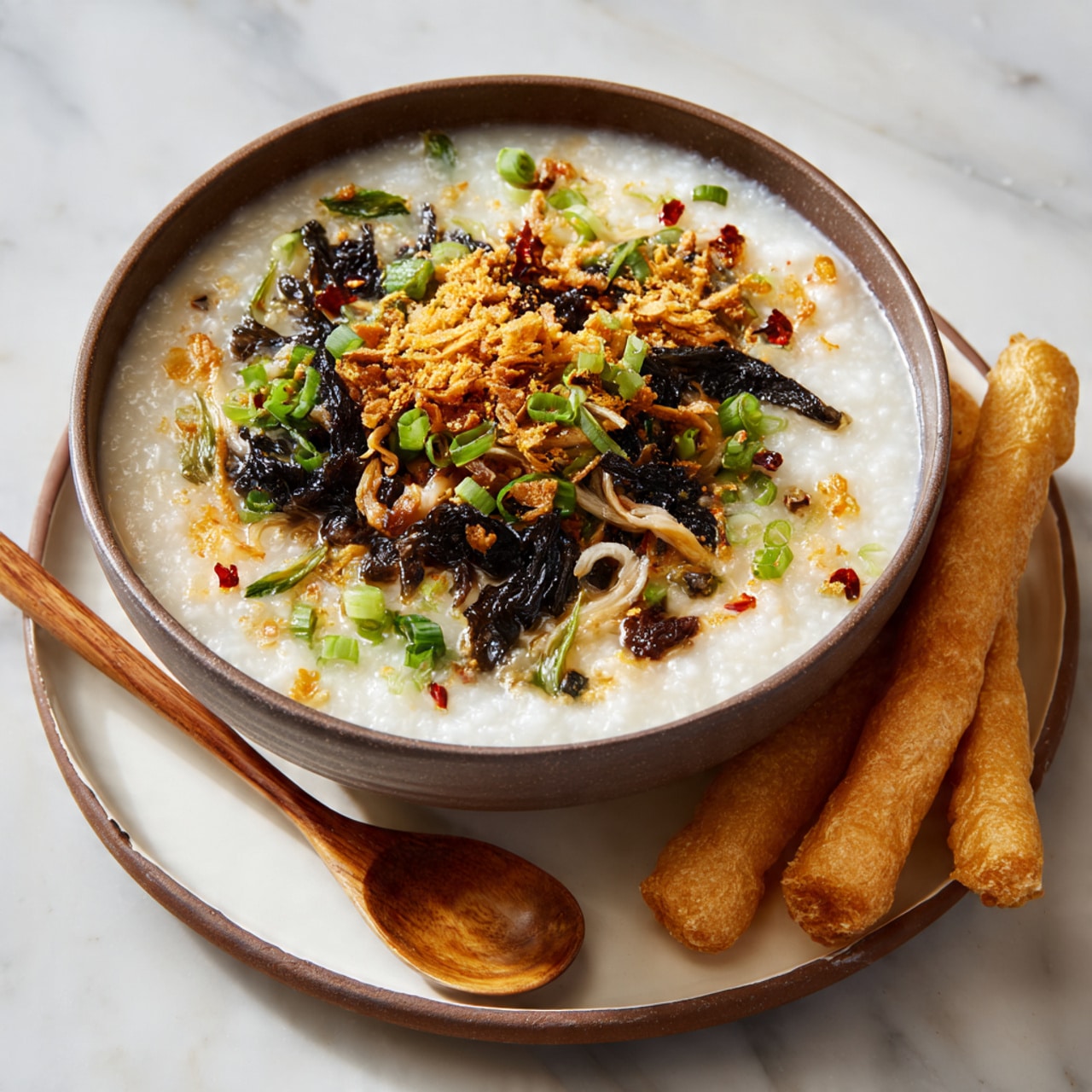A brown bowl filled with creamy rice porridge sits on a white plate with a brown rim, placed on a white marbled surface. The porridge has a thick texture and is topped with several layers: thinly sliced green onions scattered across, dark brown shiitake mushrooms, thin strips of black seaweed, golden fried garlic slices, and a sprinkle of reddish chili flakes and meat floss. On the side of the bowl, two long golden-brown fried dough sticks rest on the plate. A small wooden spoon leans inside the porridge, ready for eating. photo taken with an iphone --ar 4:5 --v 7