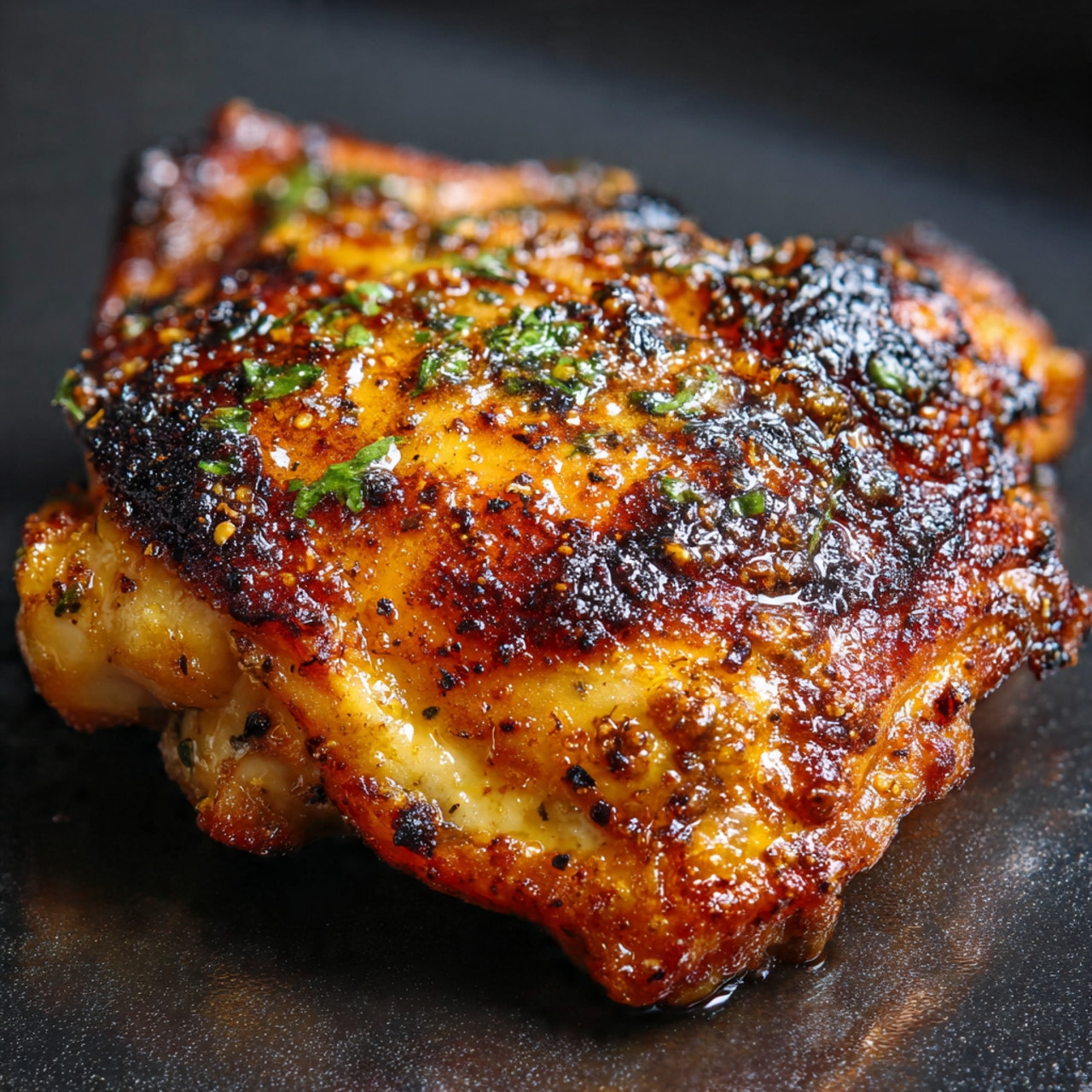 A single piece of cooked chicken with a crispy golden brown and black speckled skin is shown close-up. The chicken has a mix of darker charred areas and lighter golden parts, with tiny green herb bits sprinkled on top. It rests on a surface that looks dark but with reflections of some oil or juice. The texture of the chicken skin appears crunchy with small bubbles. photo taken with an iphone --ar 4:5 --v 7