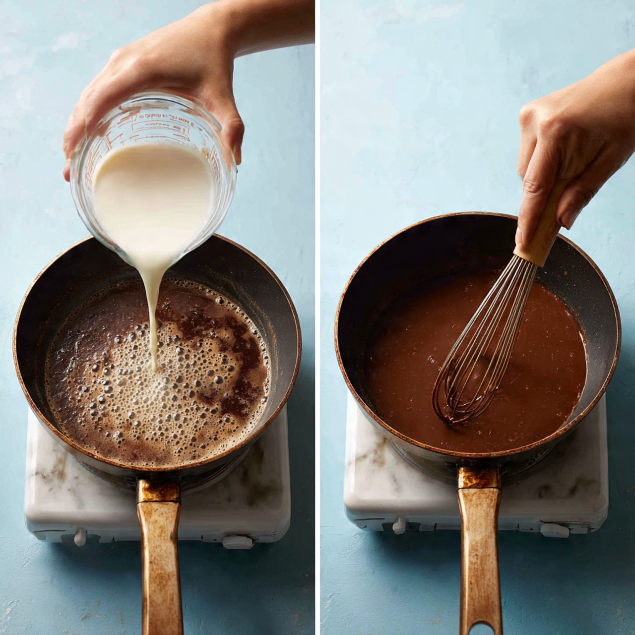 Two images side by side show a black pan on a white stove with a white marbled surface underneath. The left image shows a woman's hand pouring white milk from a clear glass measuring cup into the pan that contains dark brown cocoa or chocolate mixture with some bubbles. The right image shows a woman's hand holding a wooden whisk, stirring the now smooth and thick dark brown mixture inside the pan. The stove and pan remain the same, and the background is a blue surface. photo taken with an iphone --ar 4:5 --v 7