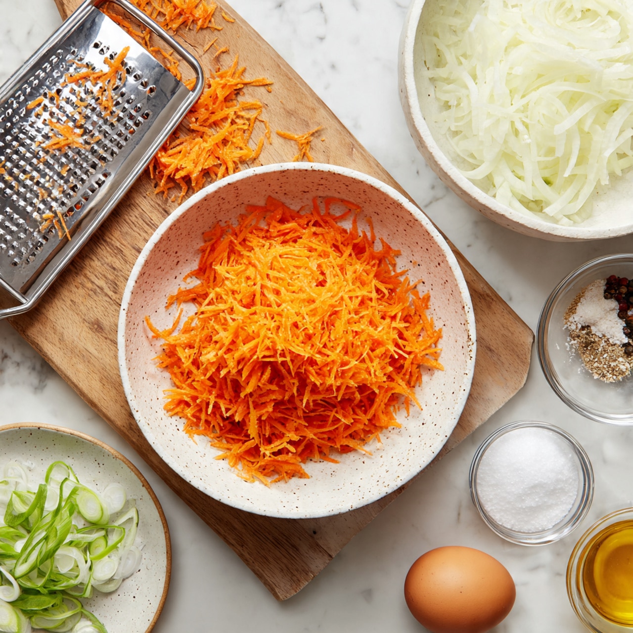 A white speckled bowl filled with a large heap of bright orange shredded carrots sits on a wooden board. Above it, a white bowl holds shredded white onions, while to the left on the board is a metal grater with some carrot shreds stuck to it and a peeled carrot nearby. Below the board, a white plate contains sliced green onions. Surrounding the board on a white marbled surface are small clear glass bowls with salt, black pepper, and white flour, along with a small glass container of golden olive oil and one brown egg. The scene is bright and clean, with natural lighting. photo taken with an iphone --ar 4:5 --v 7