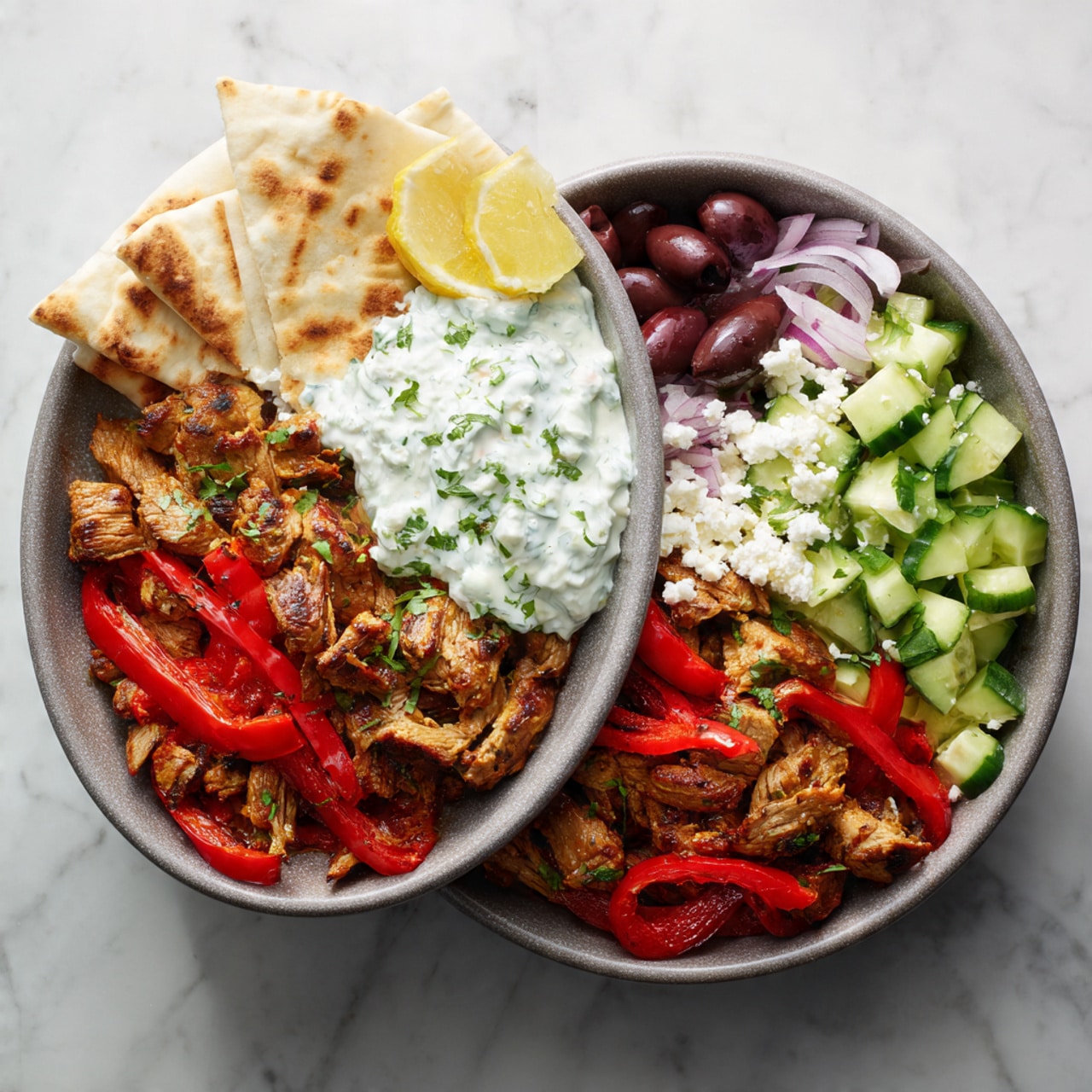 The image shows a white marbled surface with several ingredients arranged neatly. On the top left, there are four round pita breads stacked. To the right, a white bowl holds four raw chicken thighs with pink and yellow skin. Below them, an avocado sits whole next to a small container of spices. Below the pita breads, there is a small bowl filled with dark brown sauce. Next to it, a white bowl contains sliced light green cucumbers. To the right, a small mound of chopped dark green herbs is on the surface. Below these is a small bowl of halved red cherry tomatoes. Next to this, a small white bowl holds white sauce, possibly yogurt or sour cream. To the right is a bowl of white shredded cheese, and below it, a small pile of thinly sliced light purple onions. The whole setup is clean and organized, perfect for showing fresh ingredients. photo taken with an iphone --ar 4:5 --v 7