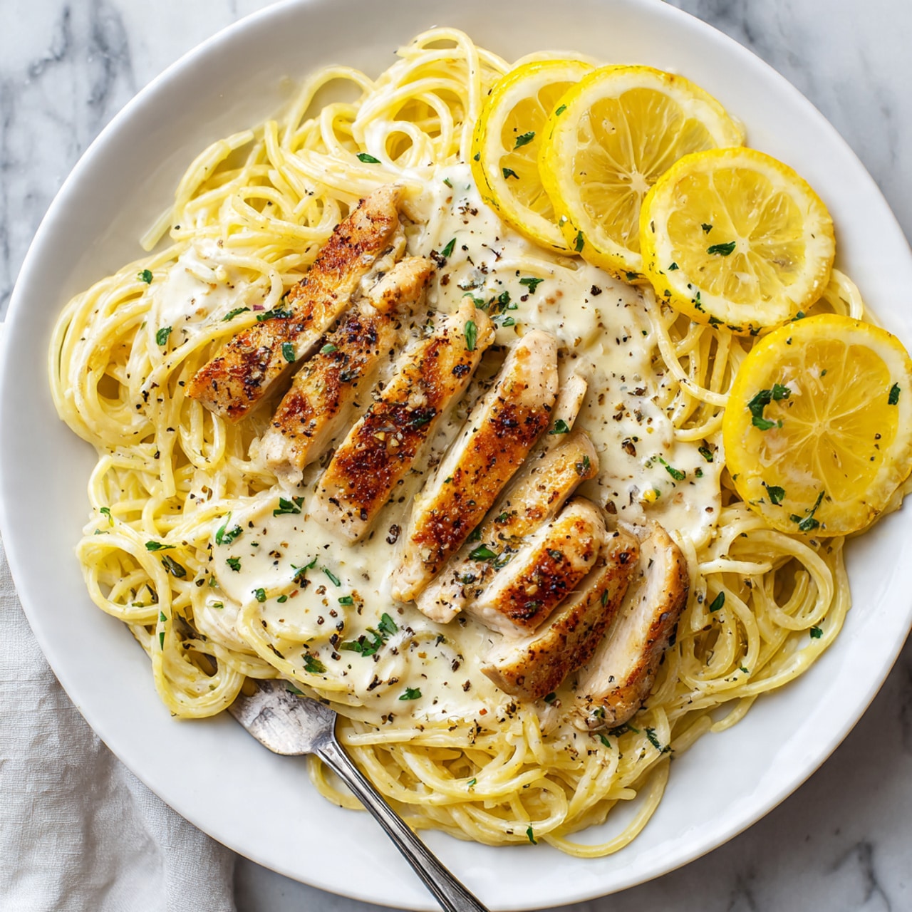 A white plate with a bed of light yellow spaghetti covered in a creamy white sauce. On top, there are several pieces of golden-brown cooked chicken arranged in a row. Next to the chicken, there are thin yellow lemon slices placed on the edge of the plate. The spaghetti strands look soft and slightly twisted. Some green herbs are sprinkled over the chicken and pasta, adding a pop of color. There is a silver fork resting on the bottom edge of the plate with a woman's hand holding it. The background is a white marbled texture. photo taken with an iphone --ar 4:5 --v 7
