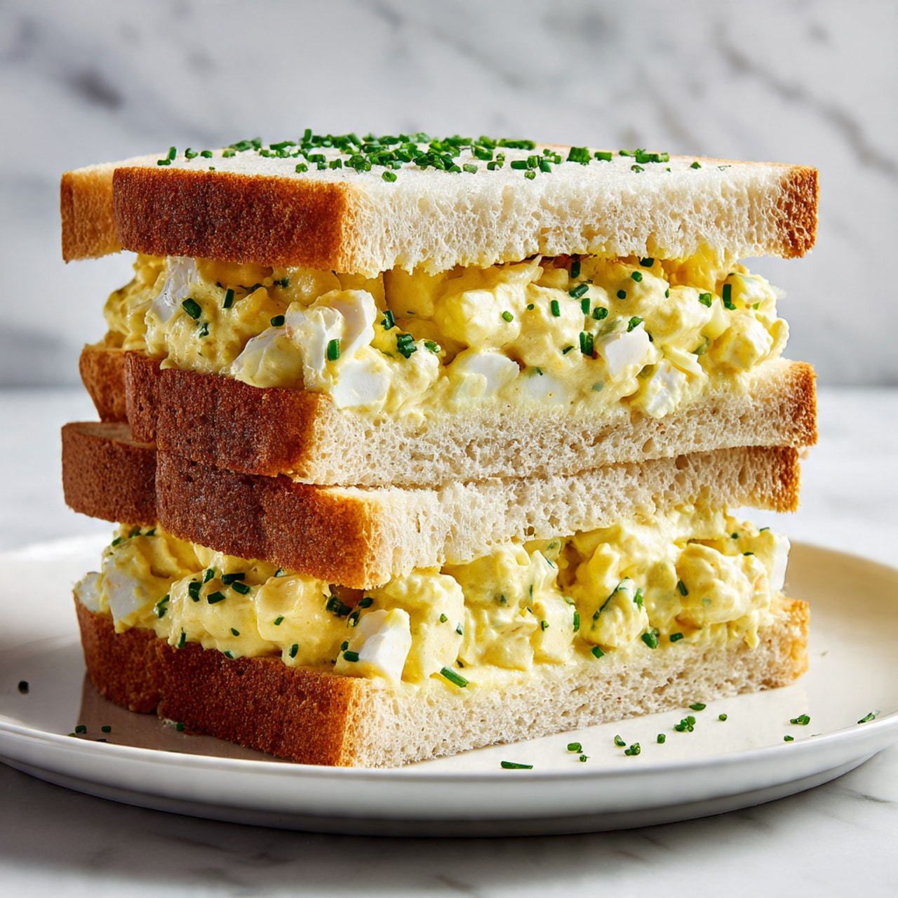 A sandwich with three layers of soft white bread stacked neatly, each layer separated by a thick, creamy yellow egg salad filling mixed with small pieces of white egg and garnished with green chives on top and within the filling. The sandwich sits on a white plate, placed on a white marbled surface. The top bread slice is sprinkled with extra chives, adding a fresh green touch. The texture of the bread looks soft and fluffy, with golden brown edges. photo taken with an iphone --ar 4:5 --v 7